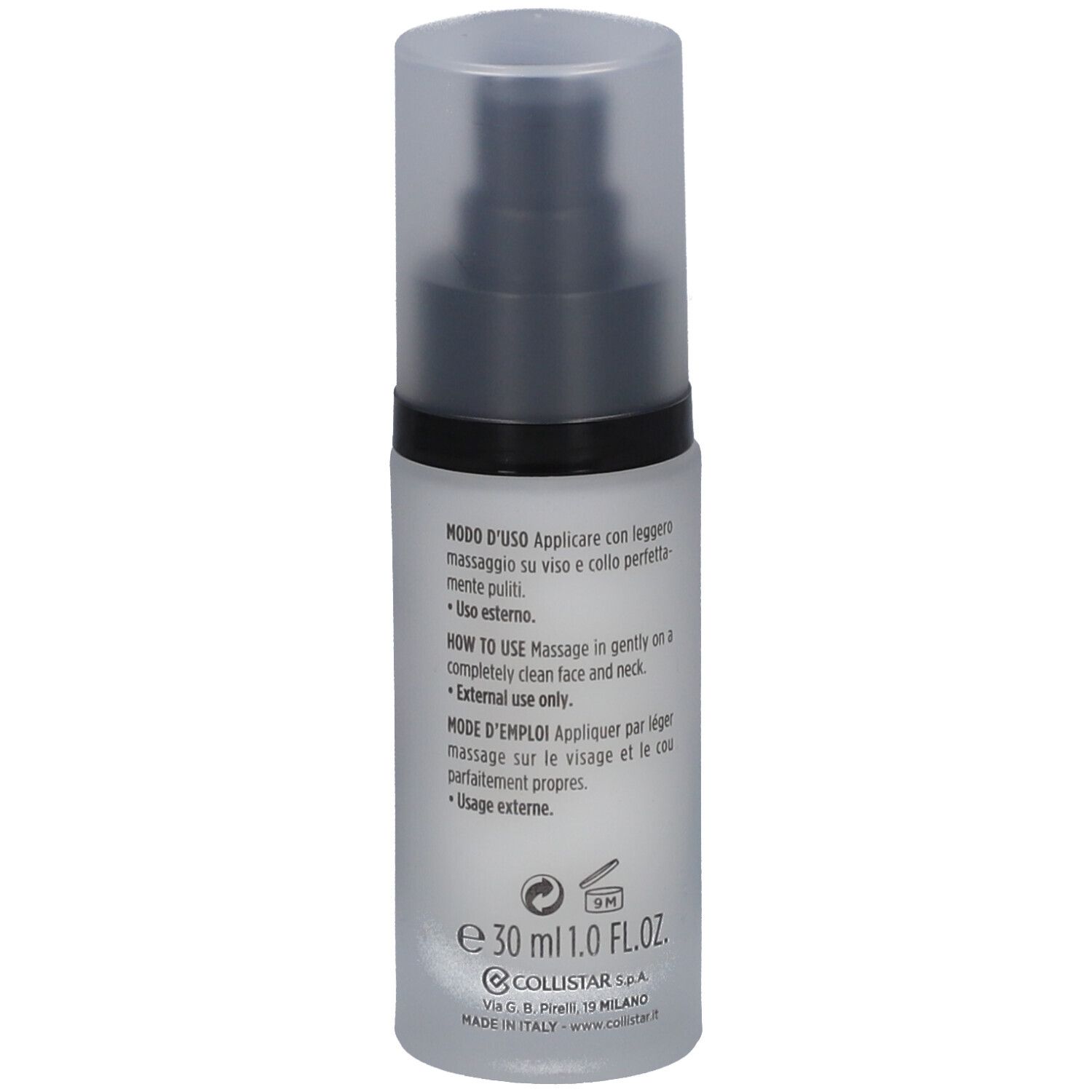 Flacon avec pompe. Inscription: Modo d'uso, How to use, Mode d'emploi. Volume: 30 ml.