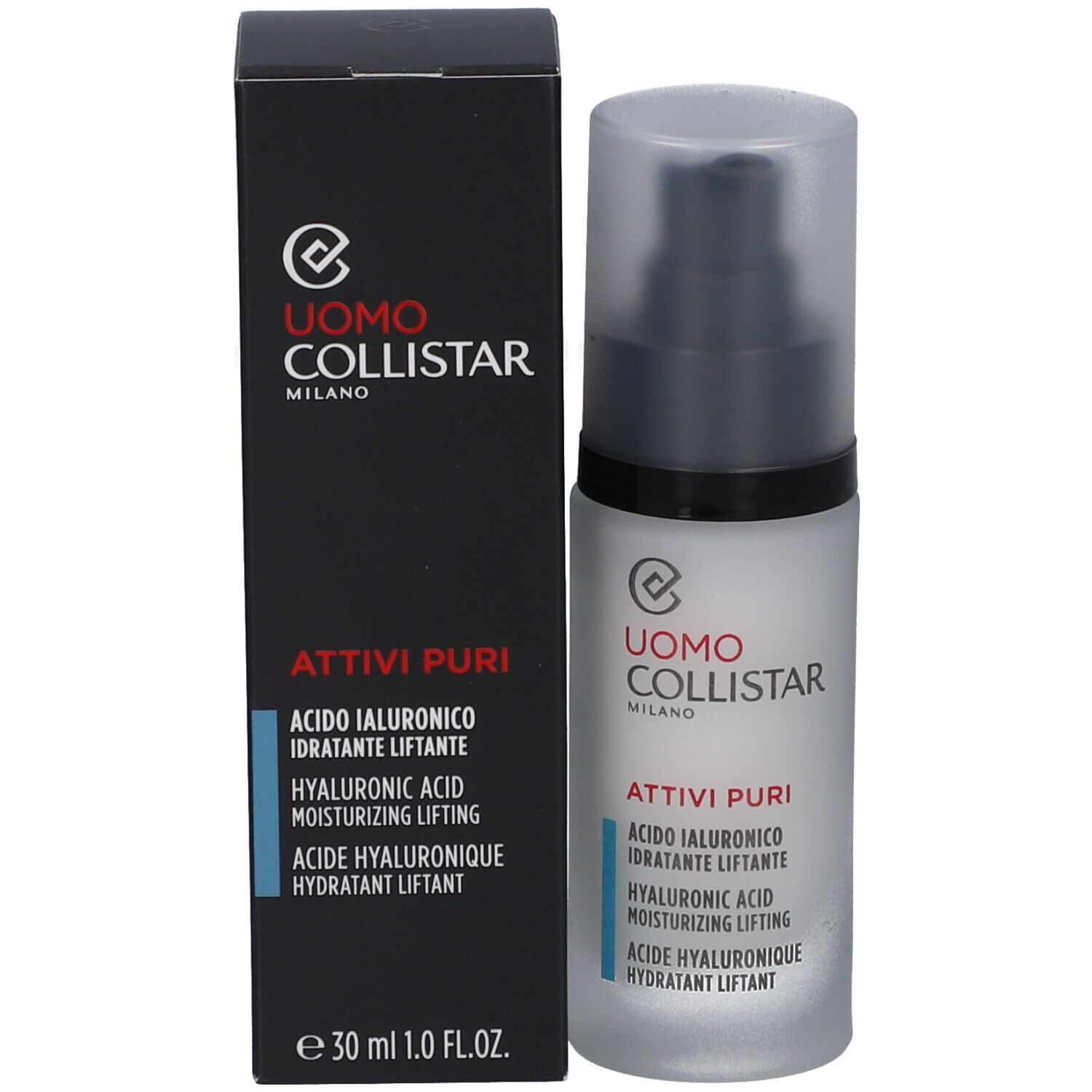 Produit et emballage. Inscription: Uomo Collistar, Attivi Puri, Acide Hyaluronique, Hydratant Liftant.