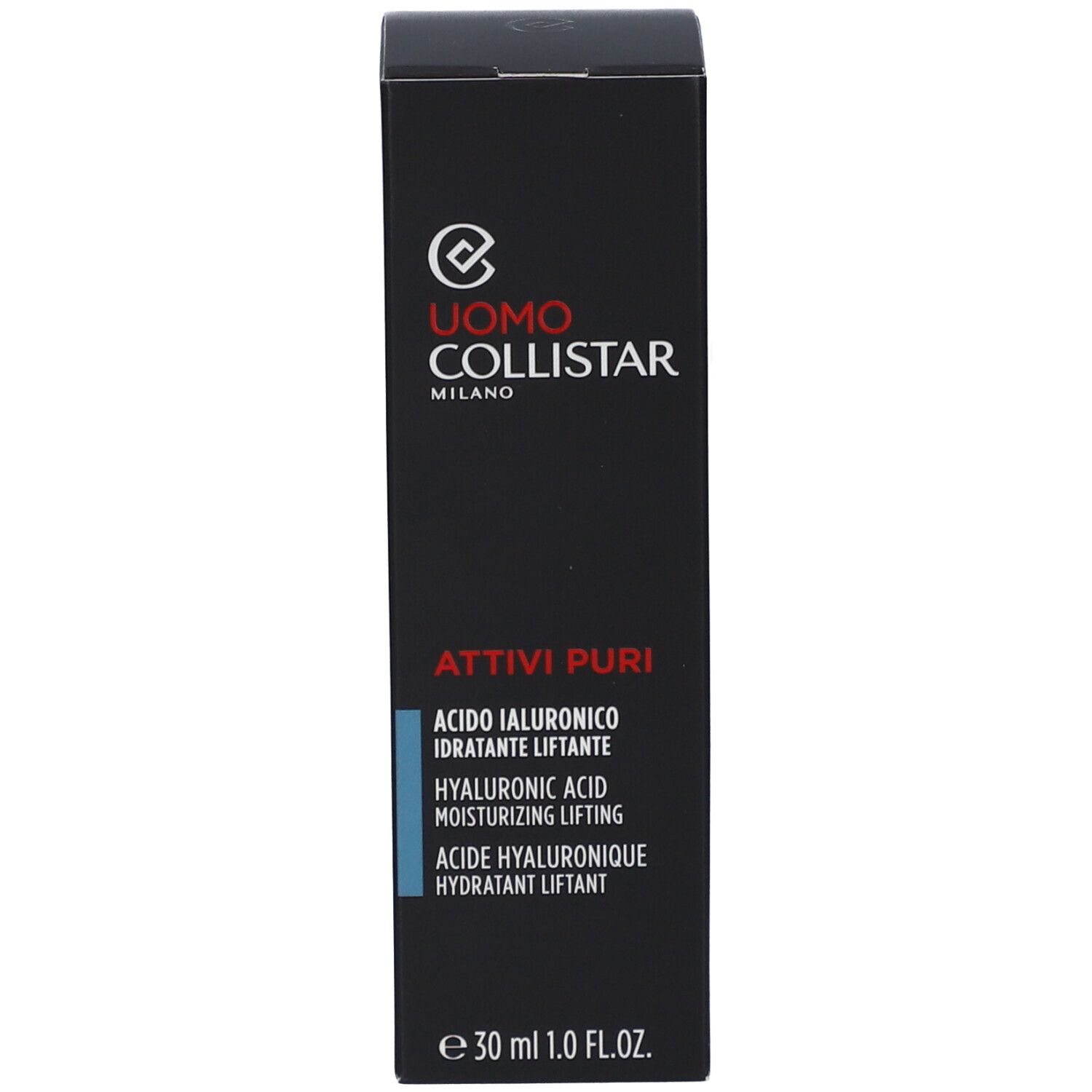 Emballage. Inscription: Uomo Collistar, Attivi Puri, Acide Hyaluronique, Hydratant Liftant. Volume: 30 ml.