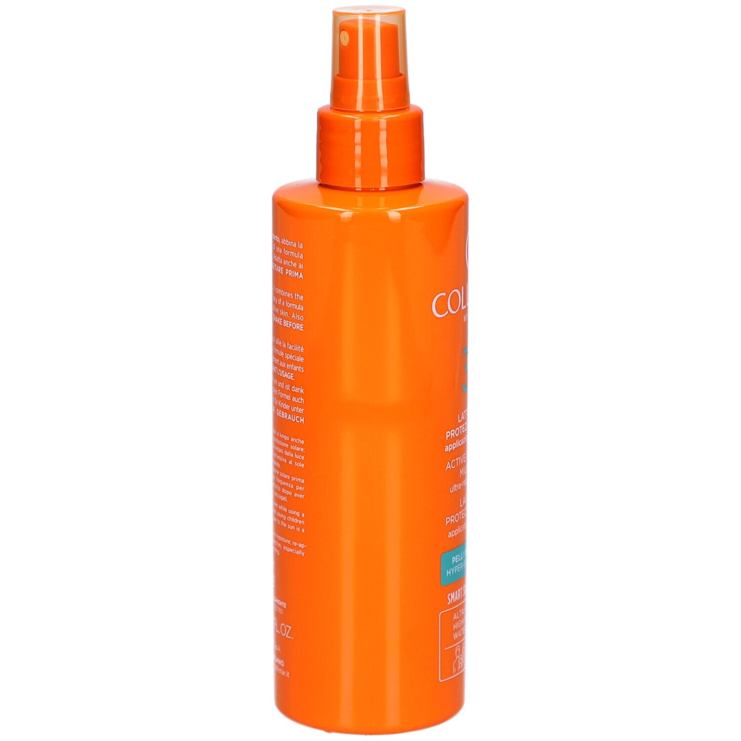 Flacon spray orange Collistar. Texte : Lait Spray Protection Active, peaux sensibles. Vue arrière.