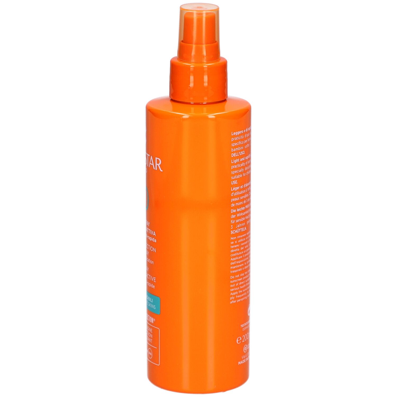 Côté d'un flacon spray orange. Texte : instructions d'utilisation, ingrédients, informations fabricant.
