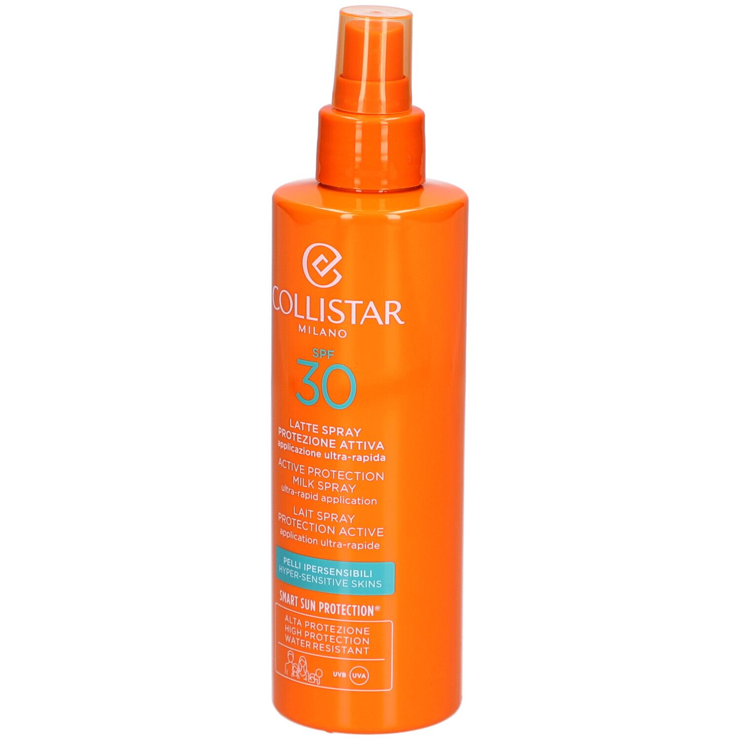 Flacon spray orange Collistar, SPF 30. Texte : Lait Spray Protection Active, peaux sensibles. Protection solaire.