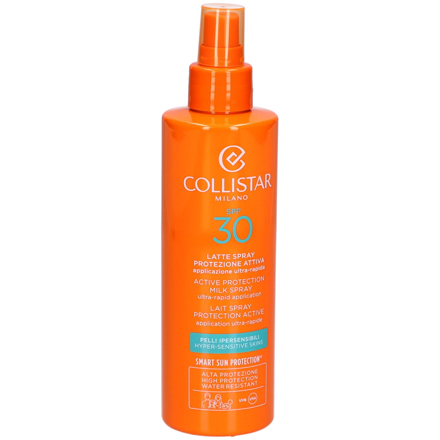 Flacon spray orange Collistar, SPF 30. Texte : Lait Spray Protection Active, peaux sensibles. Protection solaire.