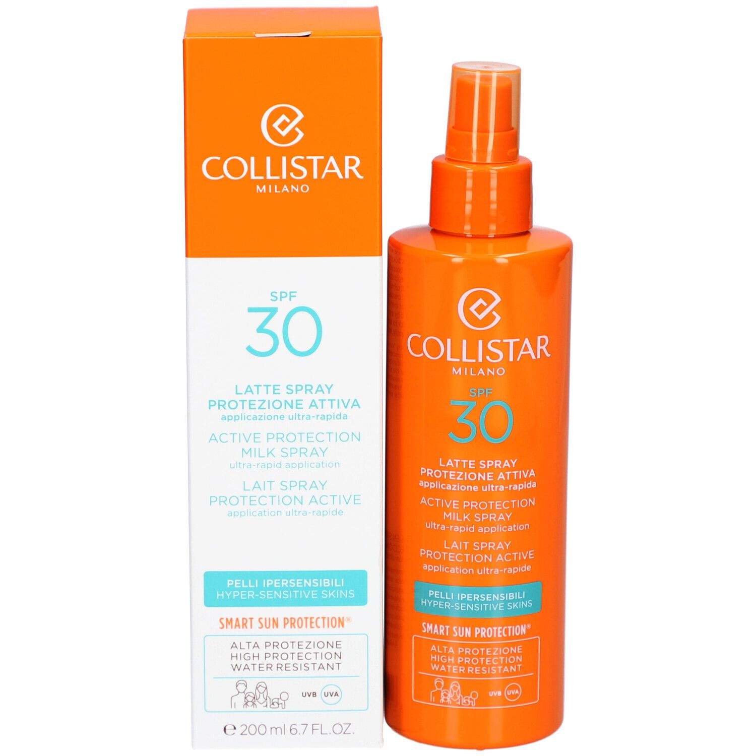 Emballage et flacon spray. Emballage : logo Collistar, SPF 30. Flacon : Lait Spray Protection Active.