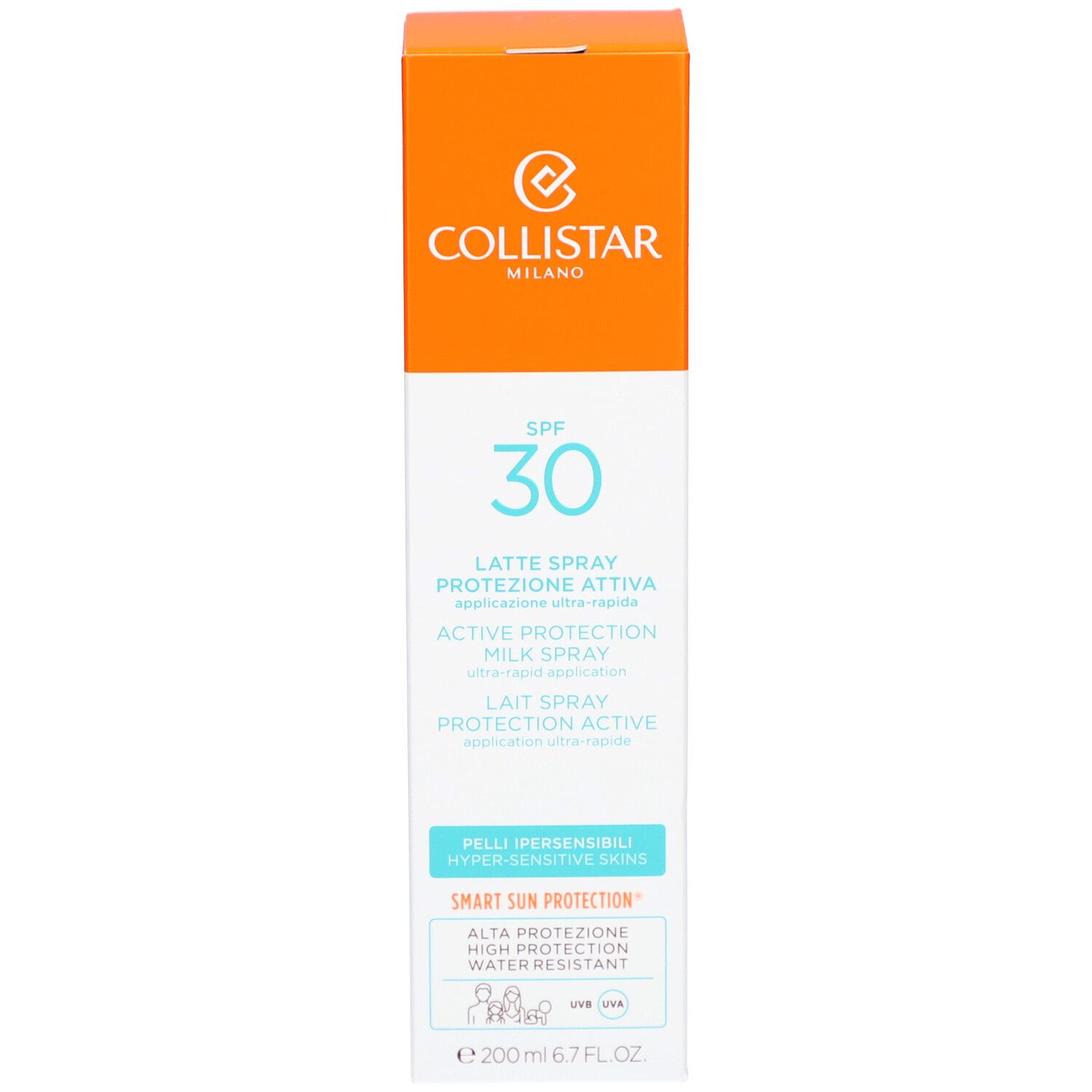 Emballage du produit. Logo Collistar, SPF 30. Texte : Lait Spray Protection Active, peaux sensibles.
