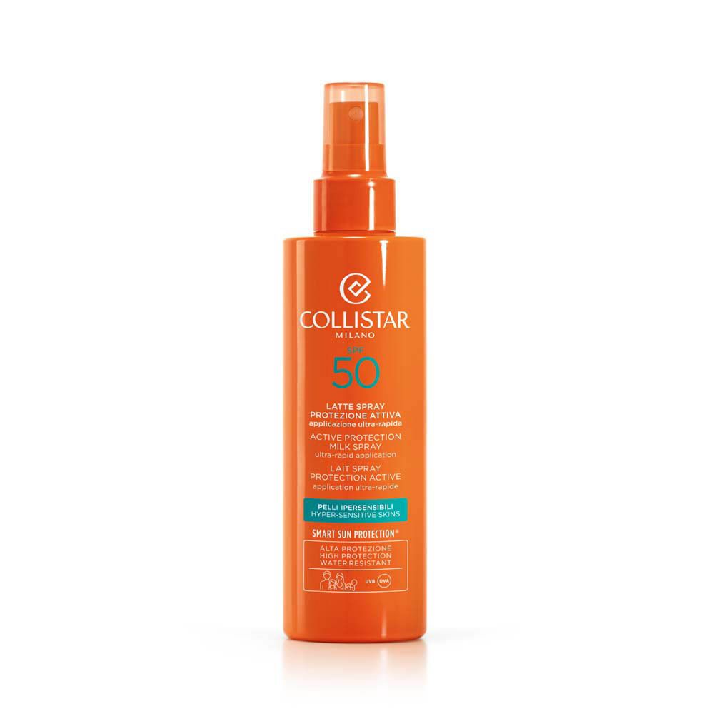 Flacon spray orange avec impression blanche. Contient SPF 50. Marque Collistar Milano.