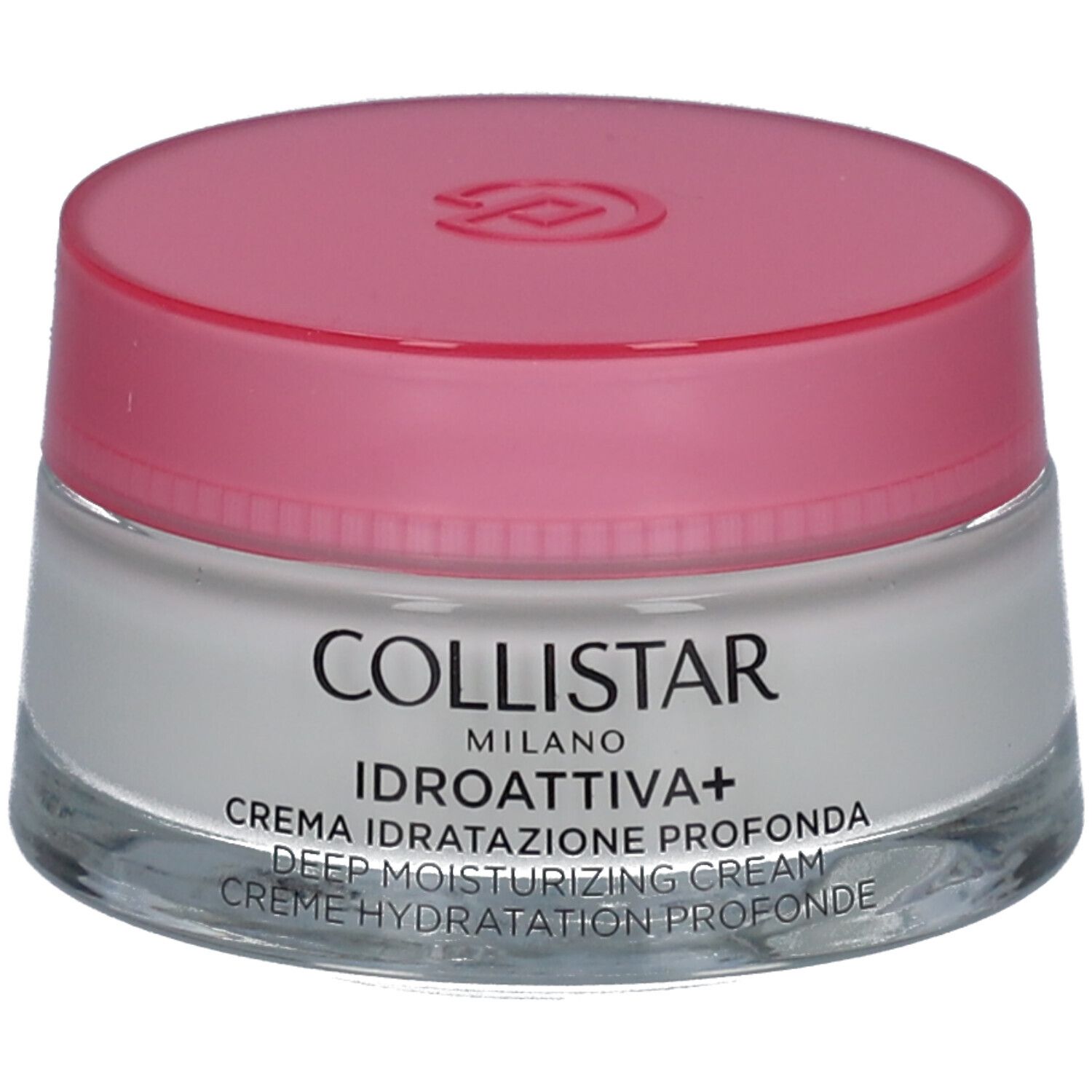 Pot de crème avec couvercle rose. Inscription : COLLISTAR, IDROATTIVA+, Deep Moisturizing Cream.