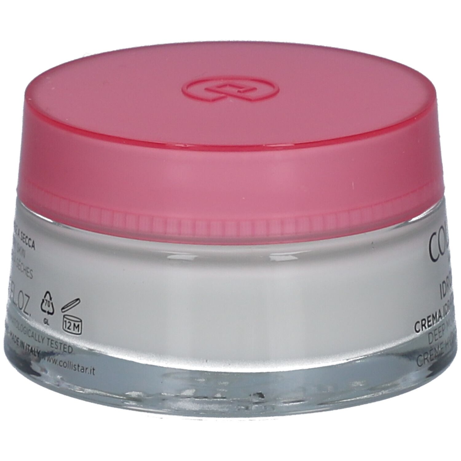 Dos du pot de crème avec couvercle rose. Inscription : COLLISTAR, IDROATTIVA+, Deep Moisturizing Cream.