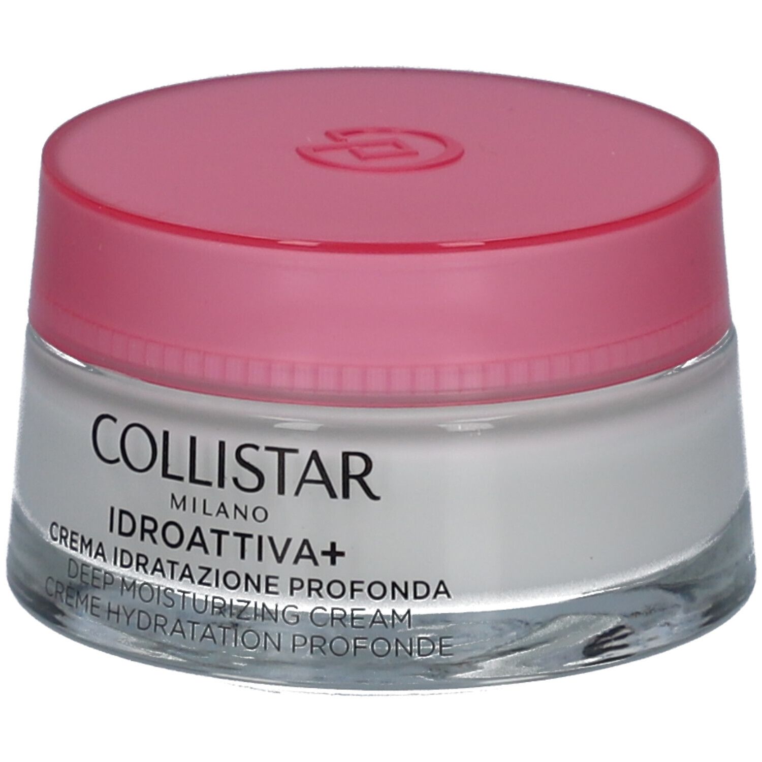 Pot de crème avec couvercle rose. Inscription : COLLISTAR, IDROATTIVA+, Deep Moisturizing Cream.