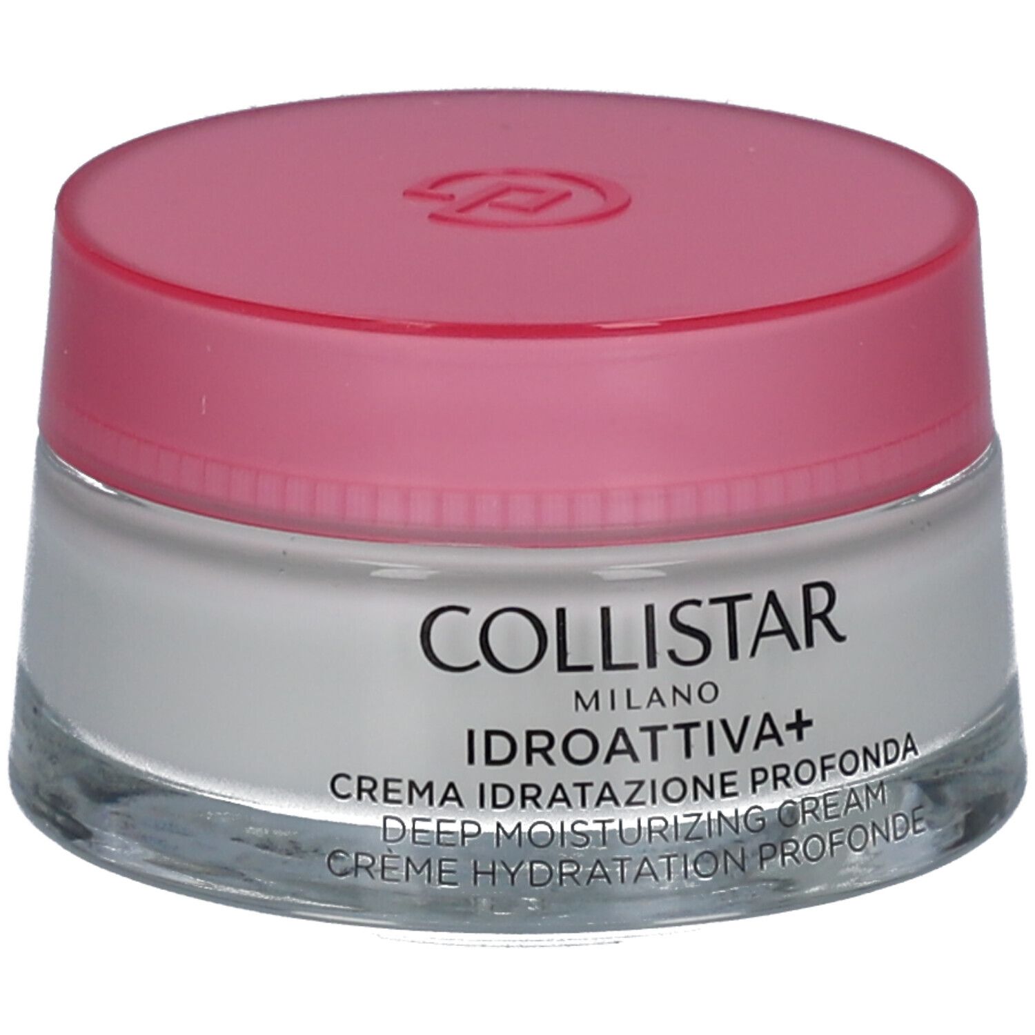 Pot de crème avec couvercle rose. Inscription : COLLISTAR, IDROATTIVA+, Deep Moisturizing Cream.