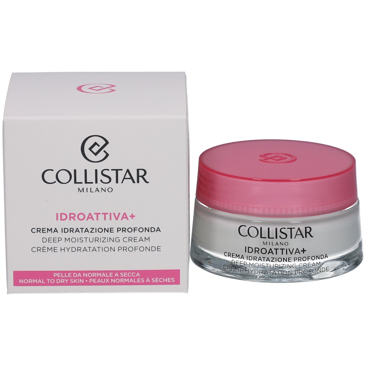 Pot de crème avec couvercle rose et emballage. Inscription : COLLISTAR, IDROATTIVA+, Deep Moisturizing Cream.