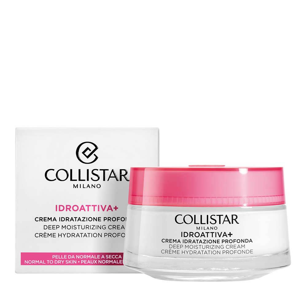 Pot de crème avec couvercle rose et emballage. Inscription : COLLISTAR, IDROATTIVA+, Deep Moisturizing Cream.