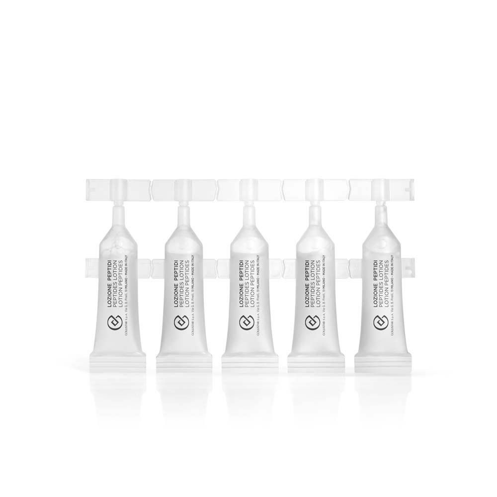Emballage du produit avec ampoules. Texte : Lozione Peptidi, Peptides Lotion.