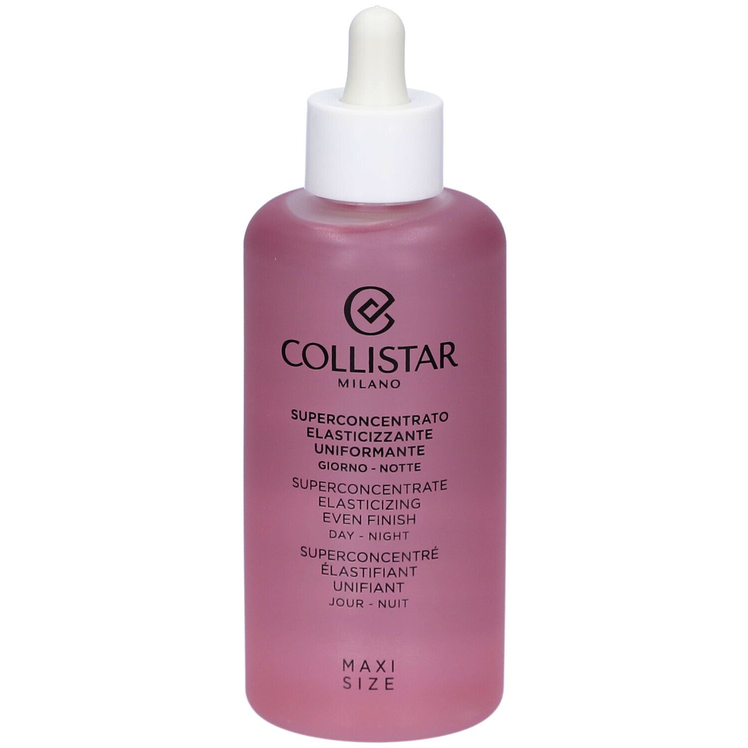 Flacon rose avec bouchon blanc et pipette. Texte: Collistar, Superconcentré Élastifiant Unifiant Jour-Nuit.
