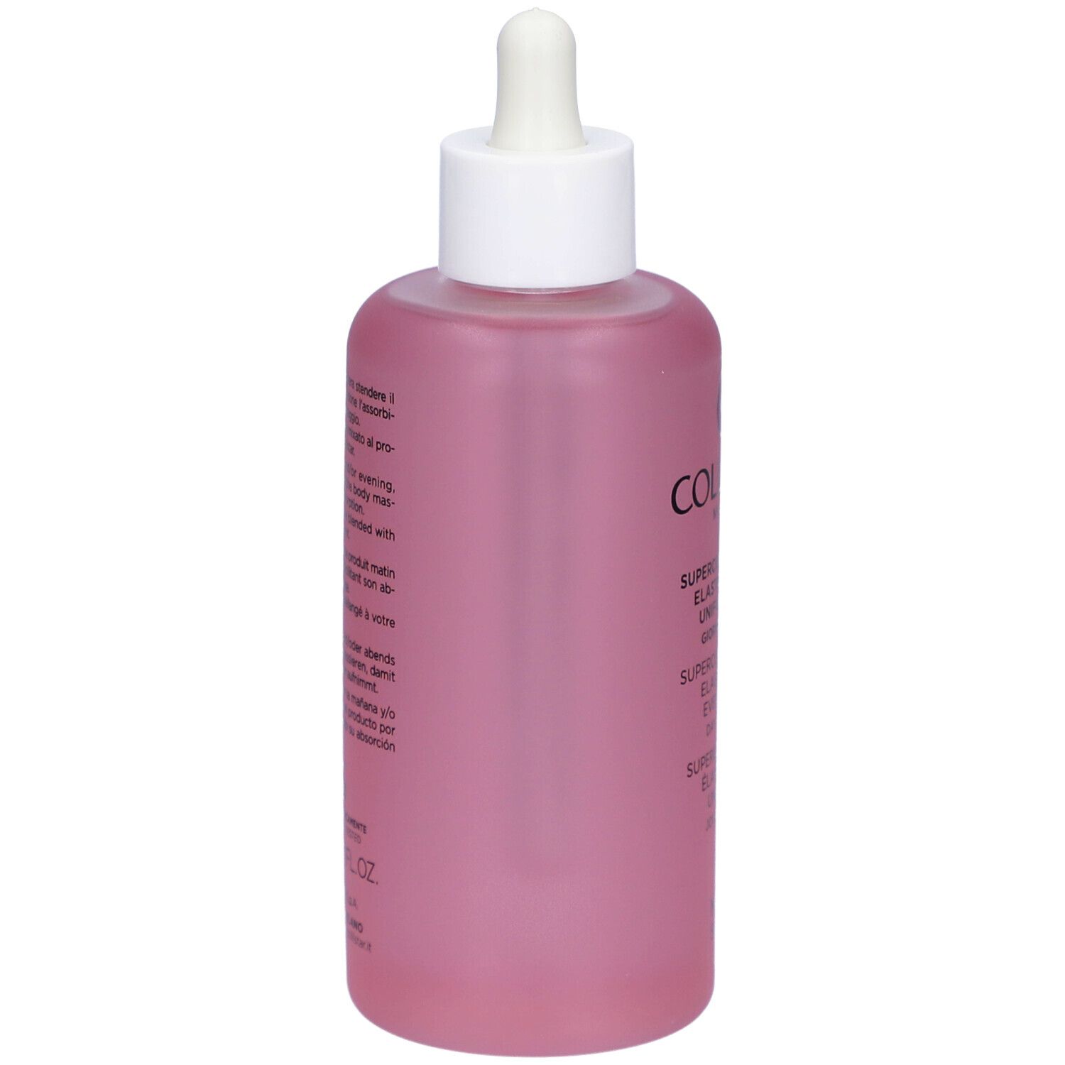 Dos d'un flacon rose avec bouchon blanc et pipette. Texte: Collistar, Superconcentré Élastifiant Unifiant Jour-Nuit.