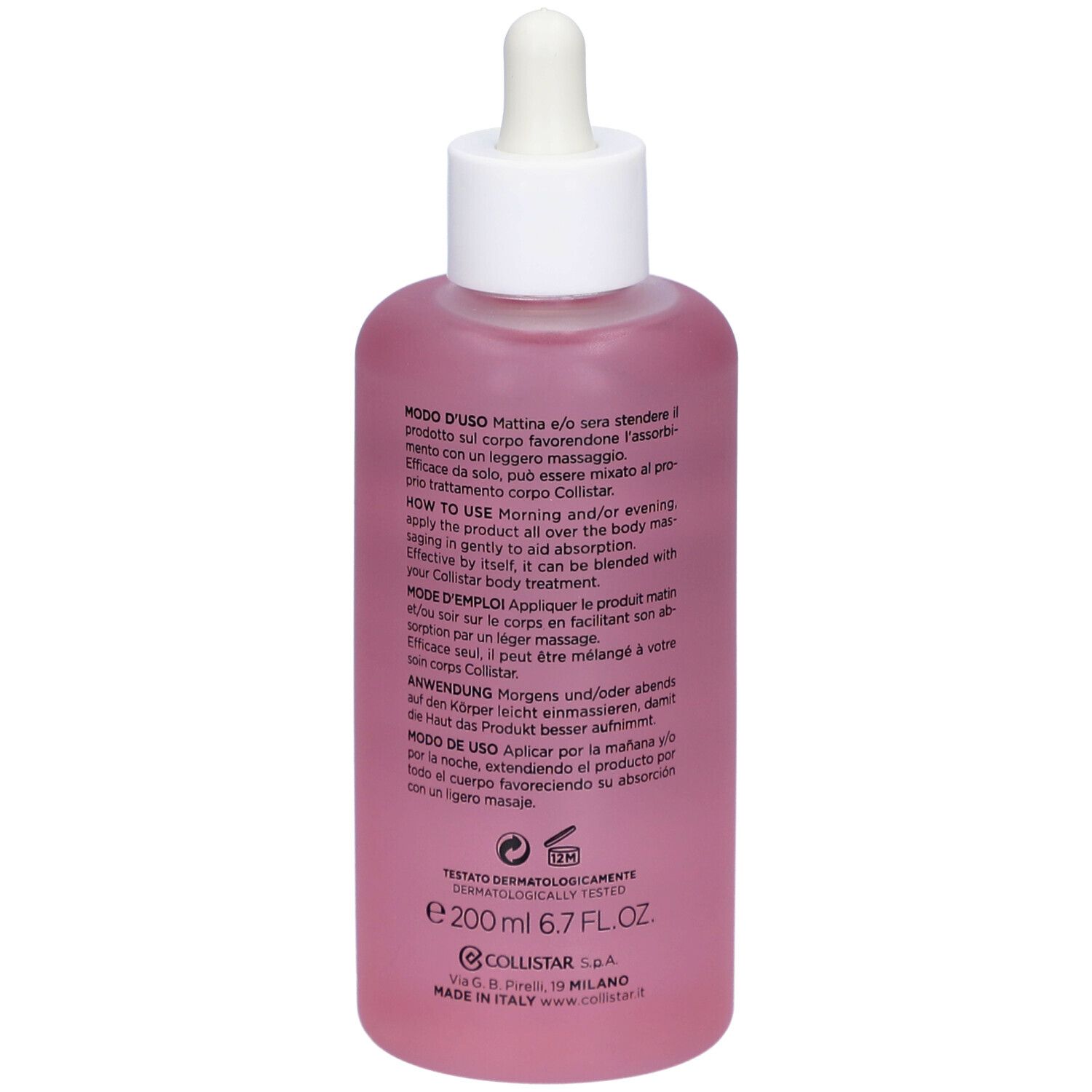 Dos d'un flacon rose avec bouchon blanc et pipette. Texte multilingue. 200 ml.