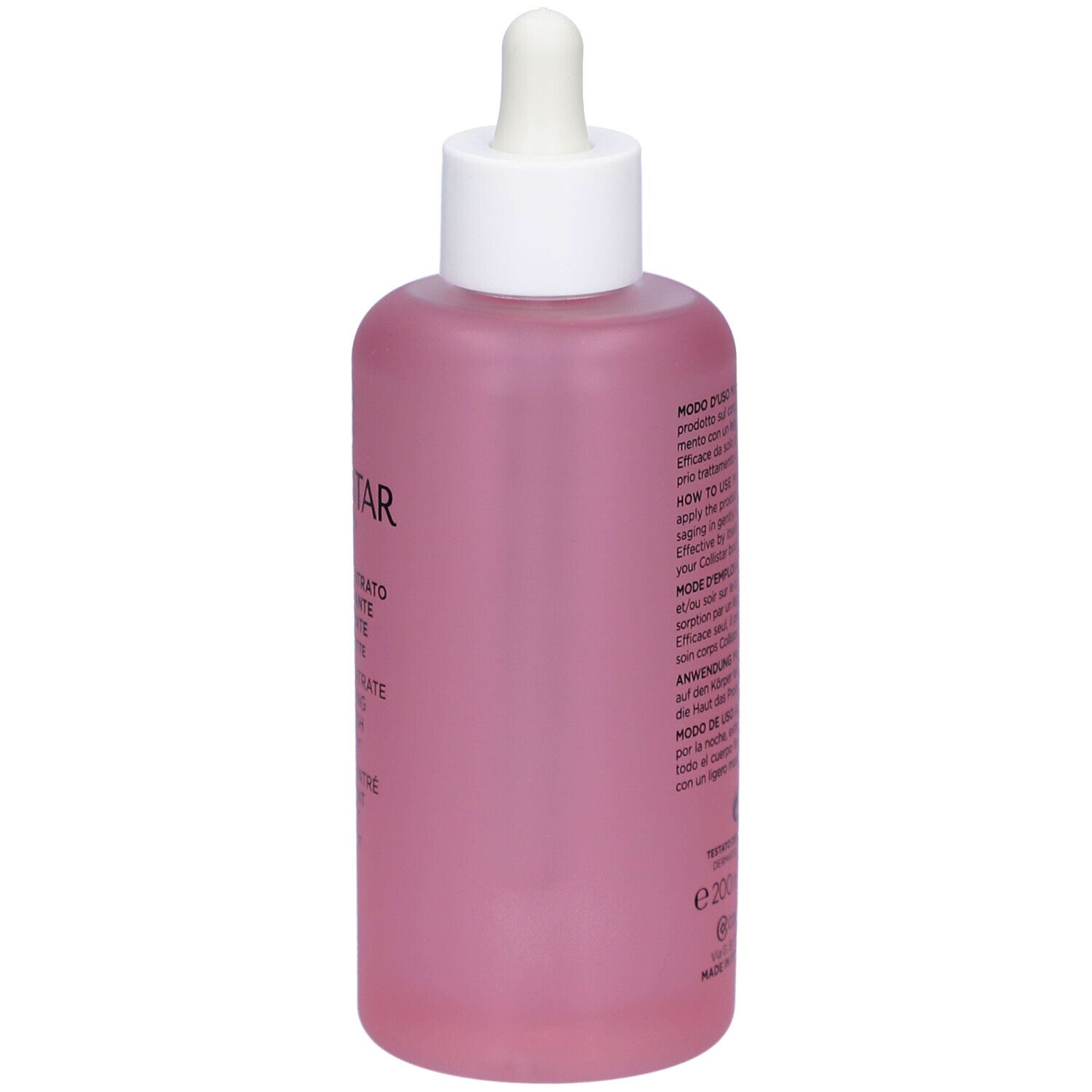 Dos d'un flacon rose avec bouchon blanc et pipette. Texte: Collistar, Superconcentré Élastifiant Unifiant Jour-Nuit.
