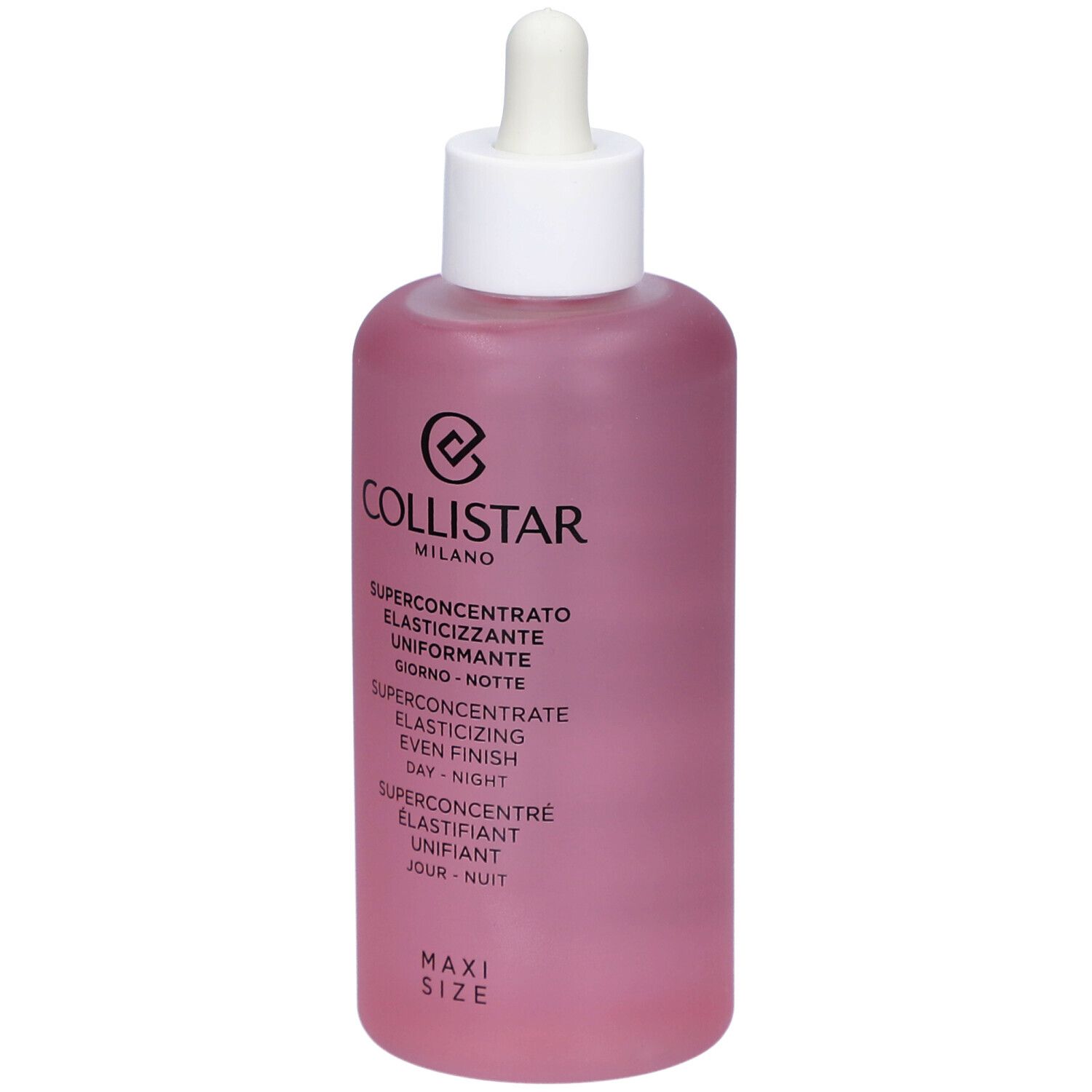 Flacon rose avec bouchon blanc et pipette. Texte: Collistar, Superconcentré Élastifiant Unifiant Jour-Nuit. Maxi Size.