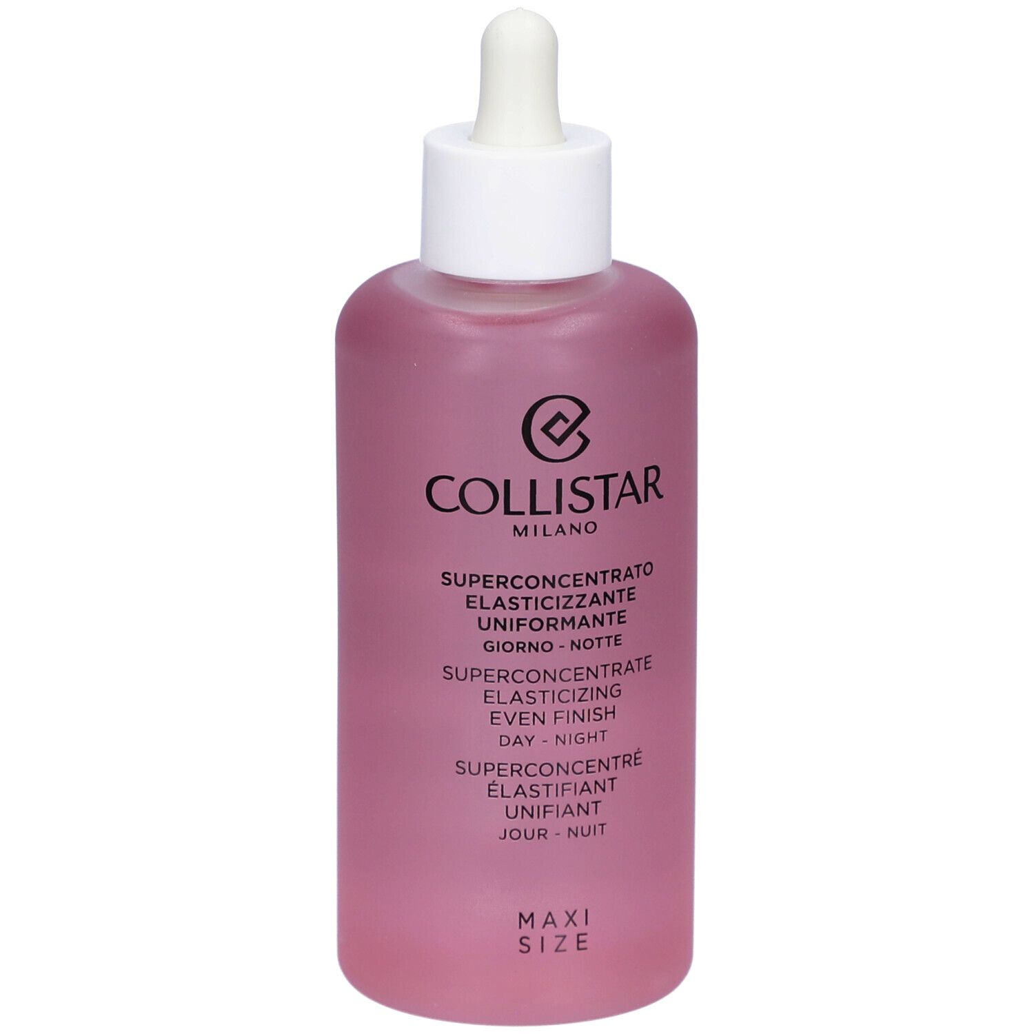 Flacon rose avec bouchon blanc et pipette. Texte: Collistar, Superconcentré Élastifiant Unifiant Jour-Nuit. Maxi Size.