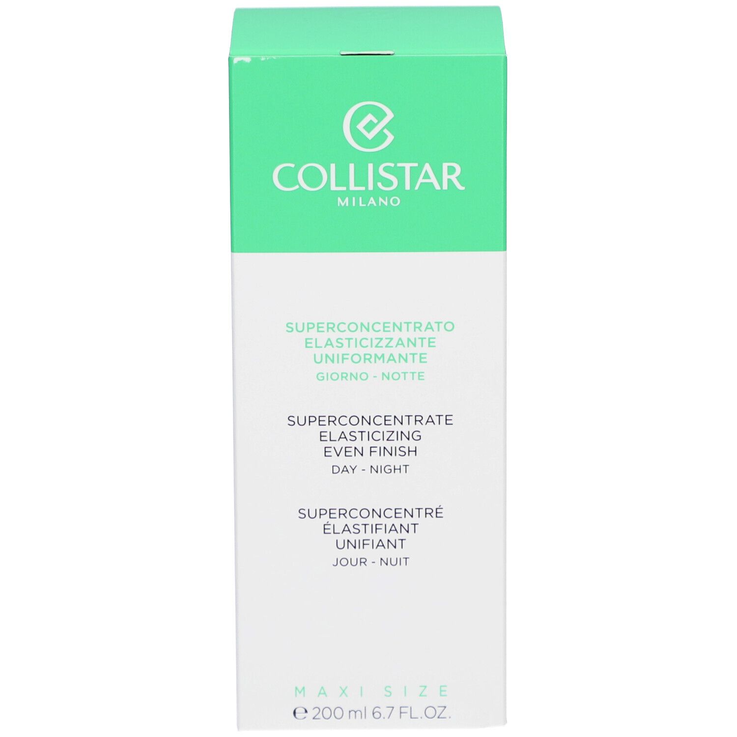 Emballage. Texte: Collistar, Superconcentré Élastifiant Unifiant Jour-Nuit. Maxi Size. 200 ml.