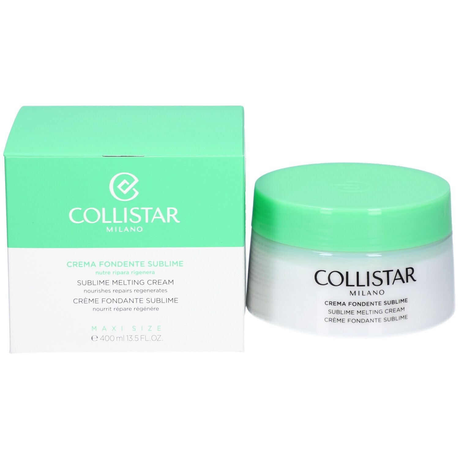 Pot de crème et boîte. Inscription : Collistar Milano, Crema Fondente Sublime, Sublime Melting Cream, Crème Fondante Sublime, 400 ml.