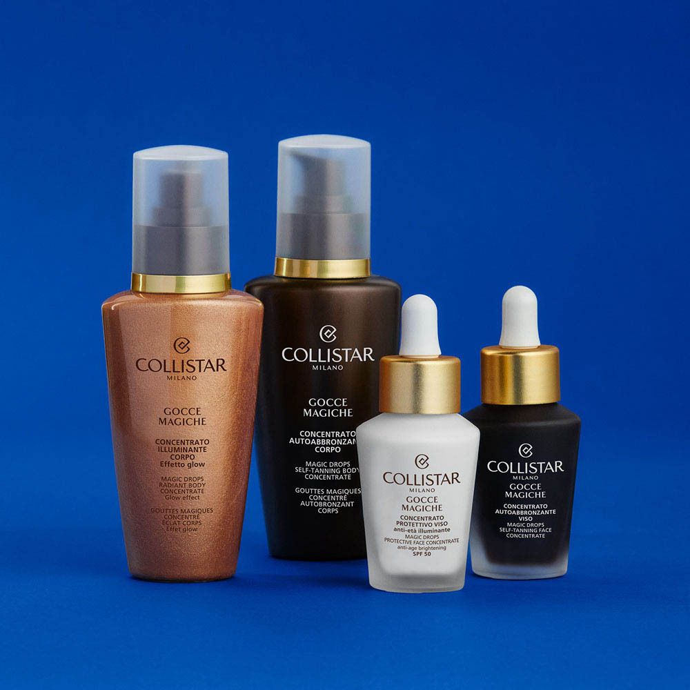 Quatre produits. Inscription : Collistar, Magic Drops, SPF 50.