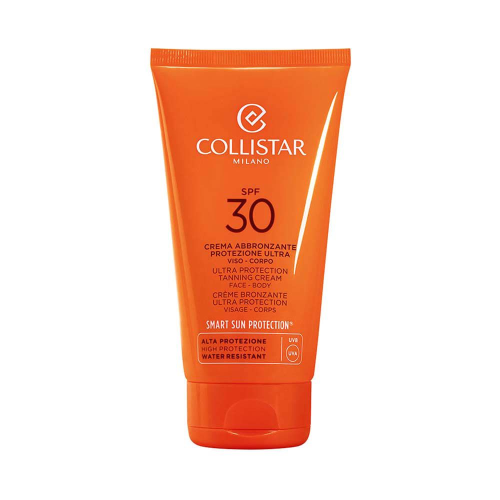 Tube orange. Logo Collistar Milano, SPF 30. Crème bronzante Ultra Protection visage et corps. Résistant à l'eau.