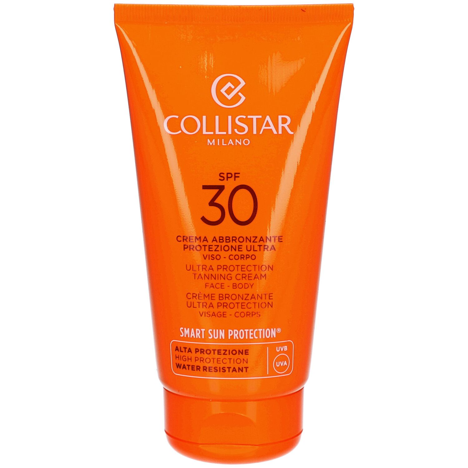 Tube orange Collistar Milano, SPF 30. Crème bronzante Ultra Protection visage et corps. Résistant à l'eau.