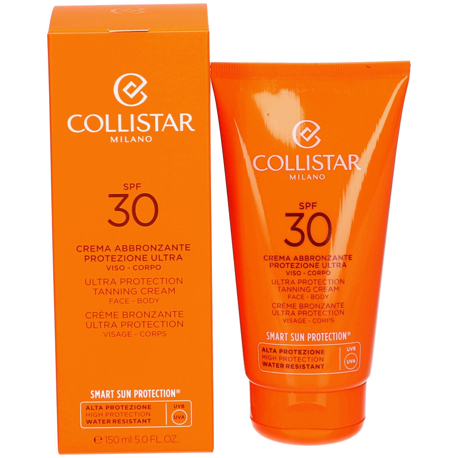 Boîte et tube orange. Collistar Milano, SPF 30. Crème bronzante Ultra Protection. Résistant à l'eau.