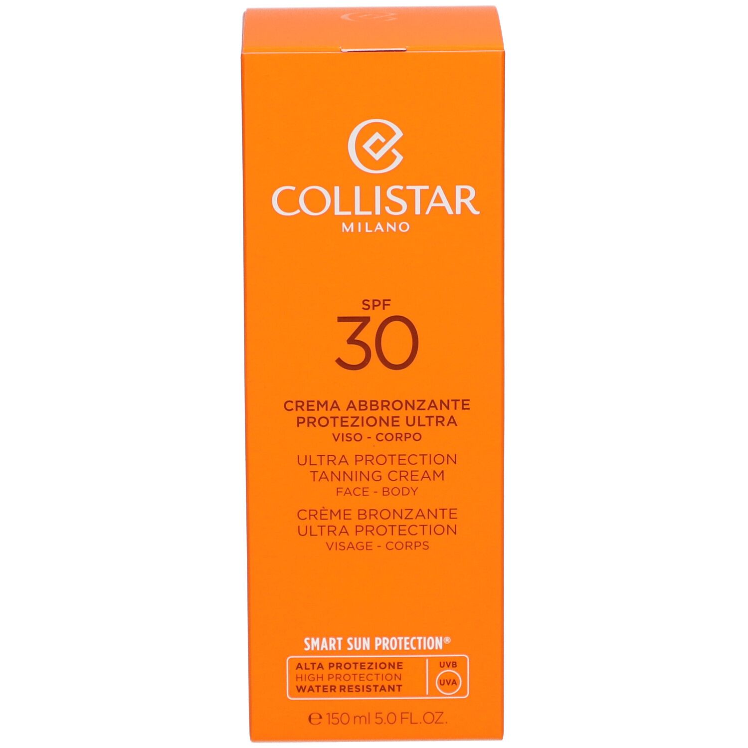 Boîte orange. Collistar Milano, SPF 30. Crème bronzante Ultra Protection. Résistant à l'eau.