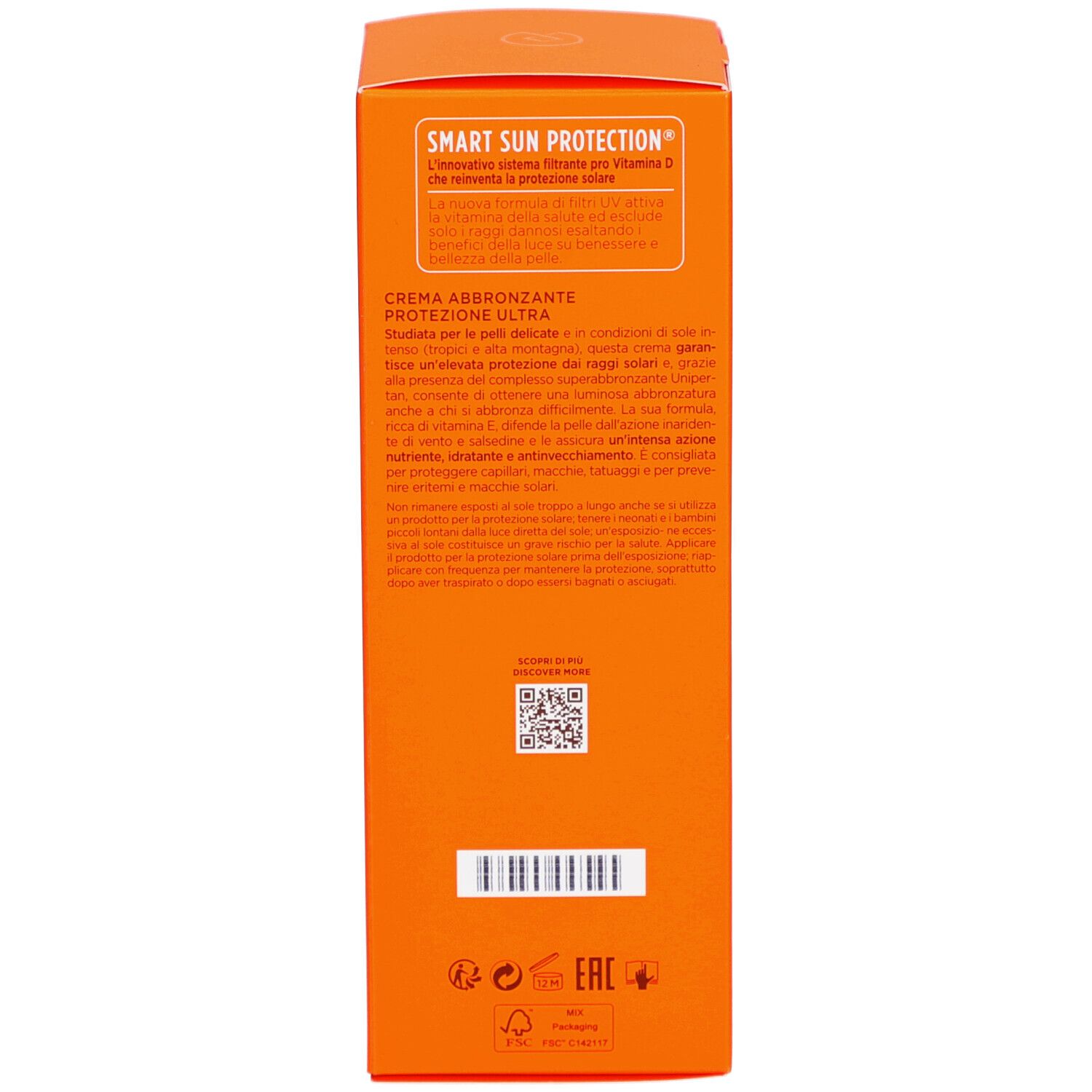 Dos de la boîte. Texte multilingue. Code QR. Éco-label. Fabriqué en Italie.