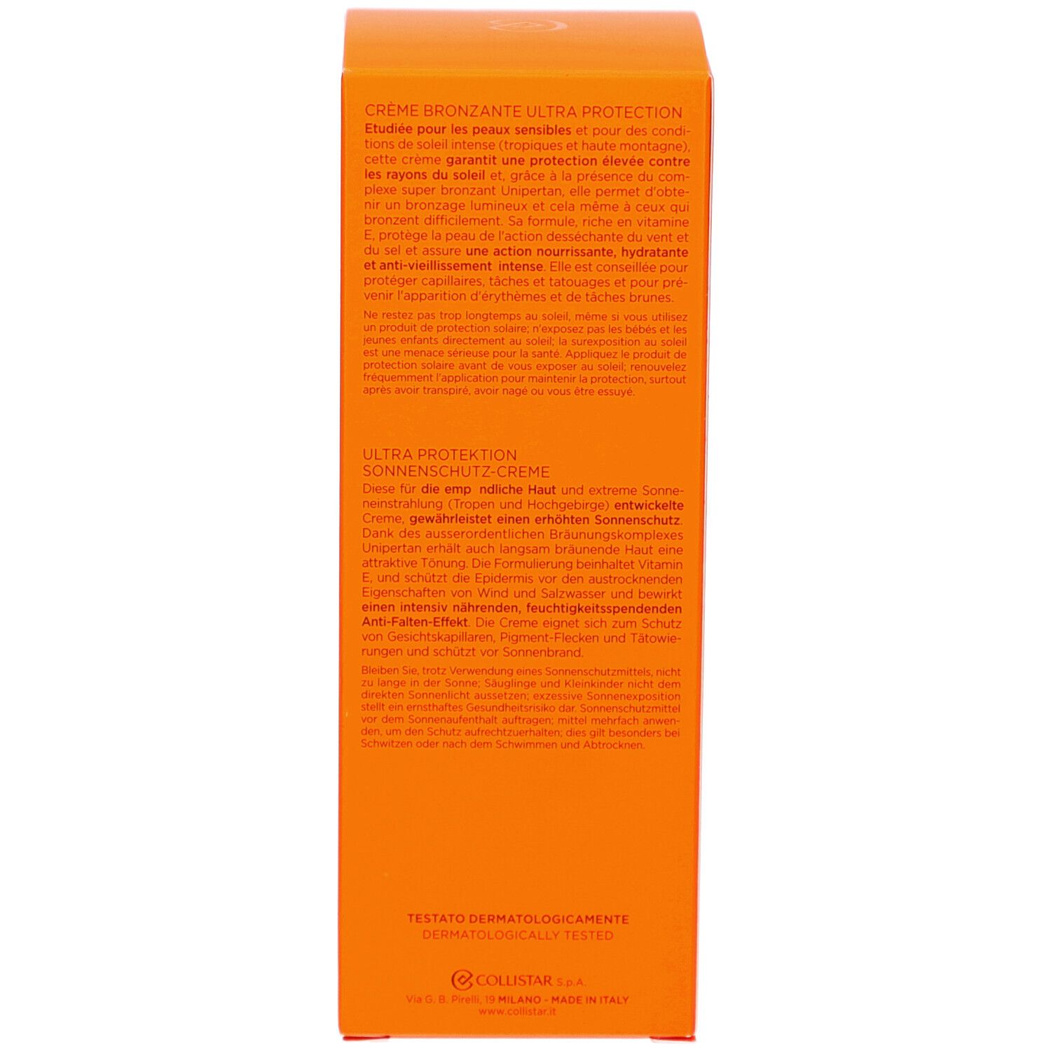 Dos de la boîte. Texte multilingue. Testé dermatologiquement. Fabriqué en Italie.
