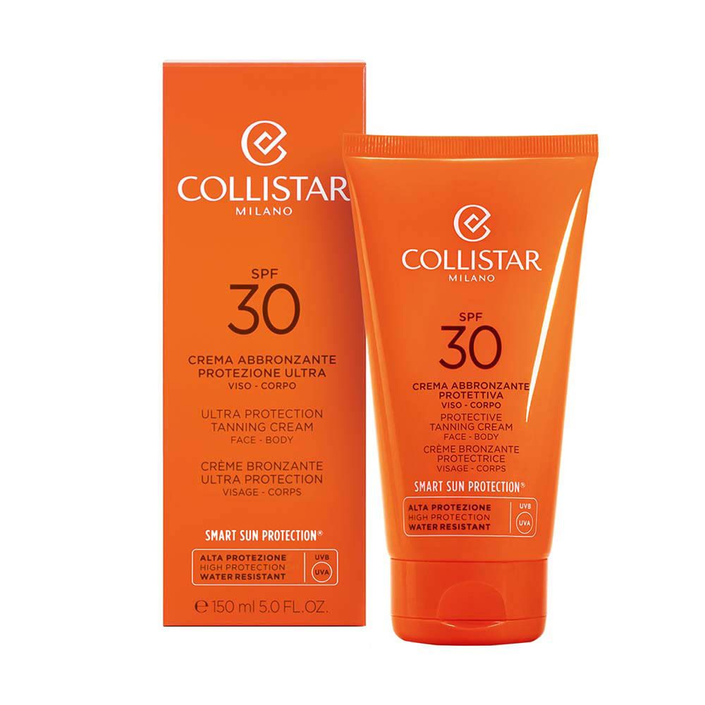 Boîte et tube orange. Collistar Milano, SPF 30. Crème bronzante Ultra Protection. Résistant à l'eau.