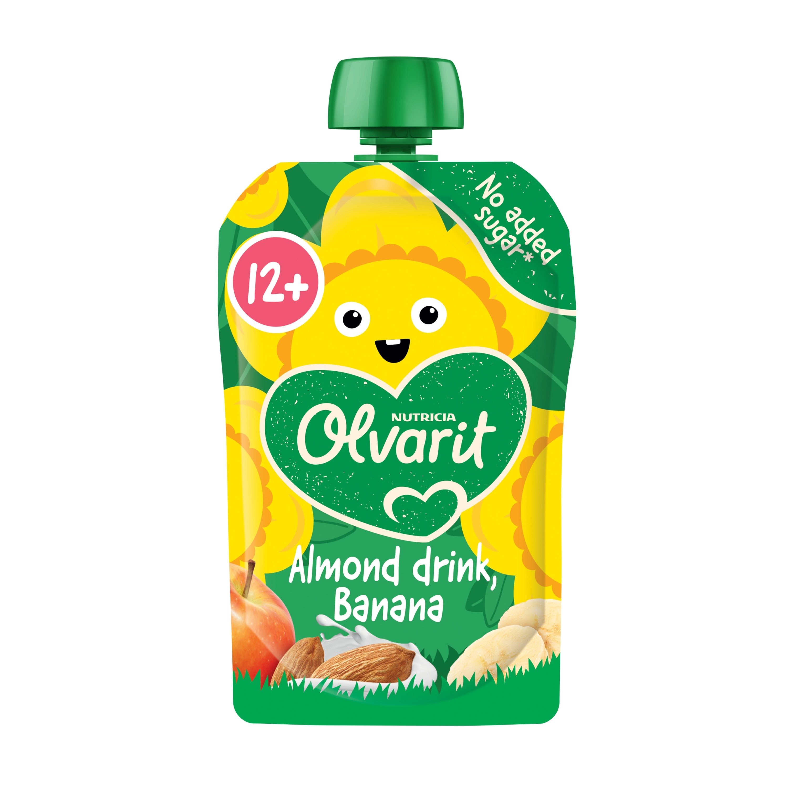 Gourde de boisson amande-banane. Design vert et jaune avec logo Olvarit et indication 12+.