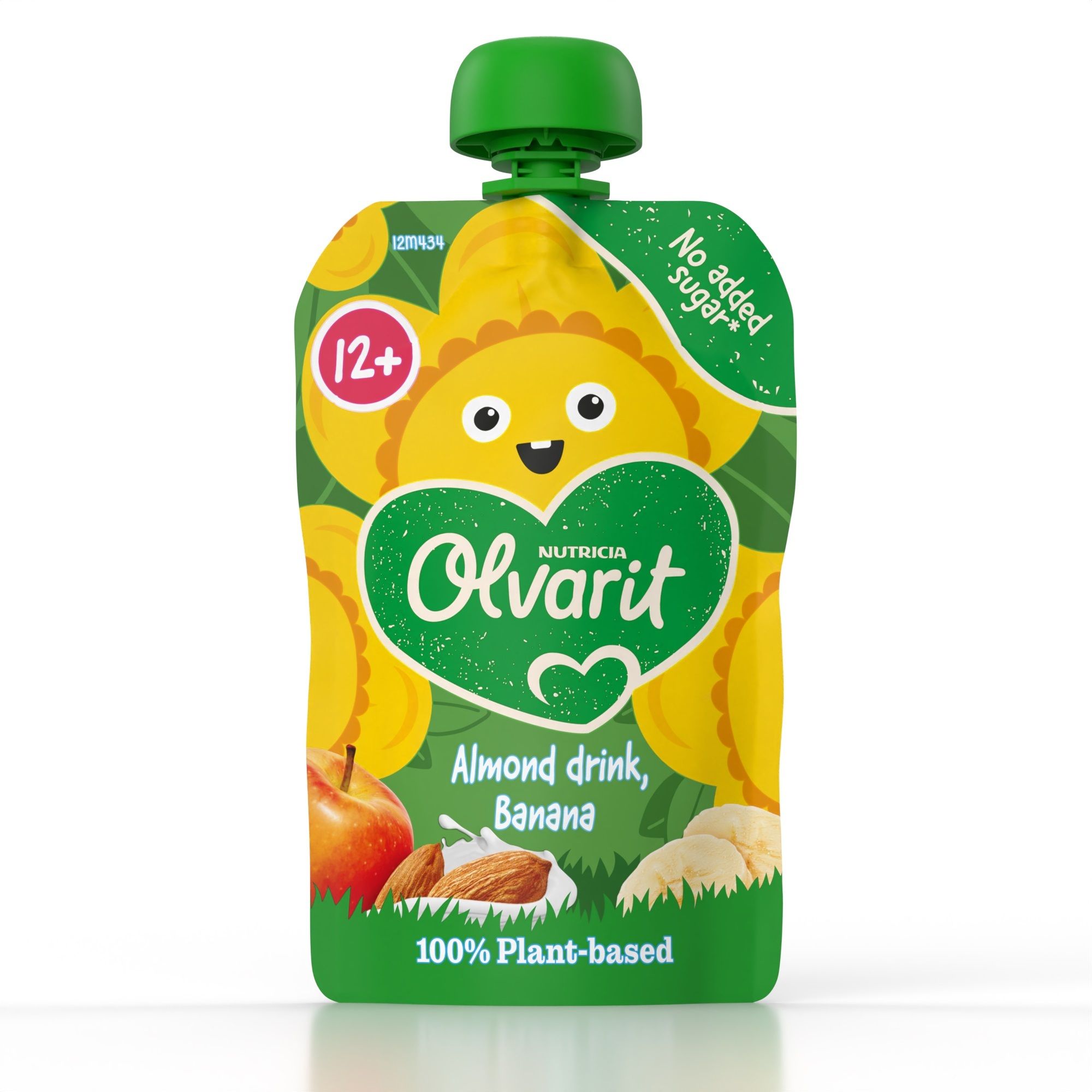 Gourde de boisson amande-banane. Design vert et jaune avec logo Olvarit et indication 12+.