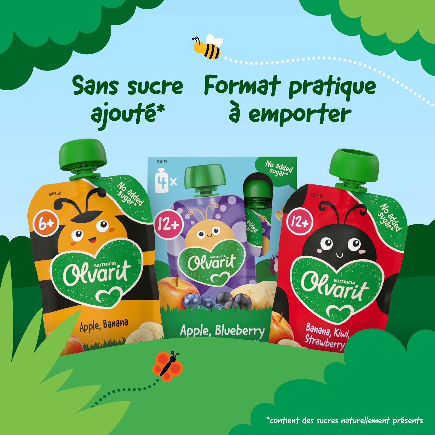 Plusieurs gourdes de différentes saveurs. Logo Olvarit, indications 6+ et 12+.