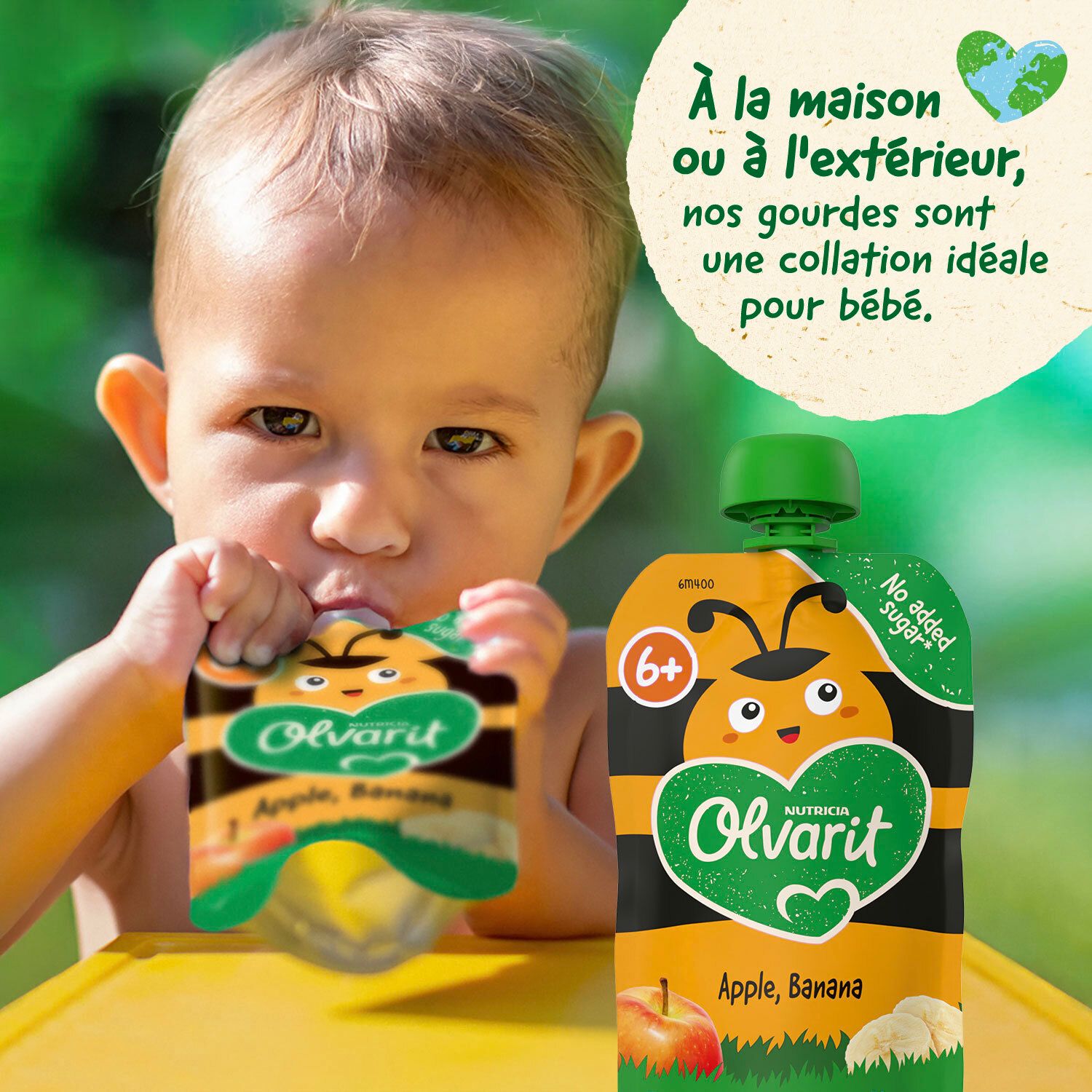 Un enfant boit d'une gourde. Logo Olvarit et indication 6+.
