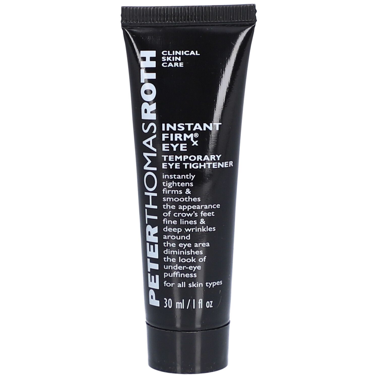 Tube noire avec nom et texte du produit. 30 ml/1 fl oz. Peter Thomas Roth Instant FIRMx Eye.