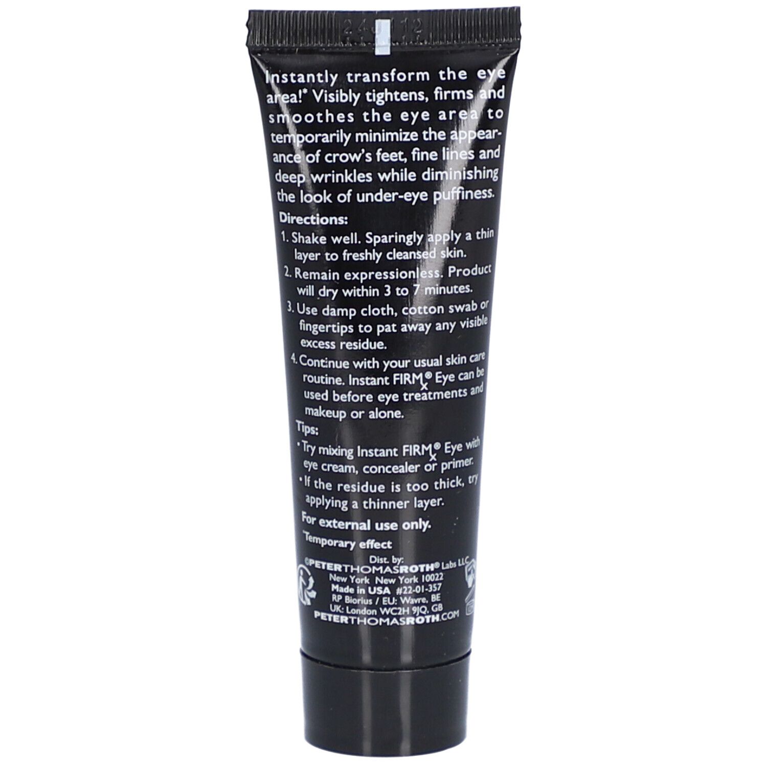 Dos du tube noir. Texte avec instructions et ingrédients. Peter Thomas Roth.