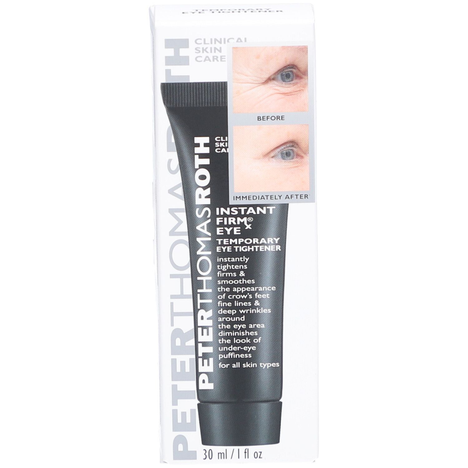 Produit dans son emballage. Tube et boîte avec photos avant-après. Peter Thomas Roth Instant FIRMx Eye.
