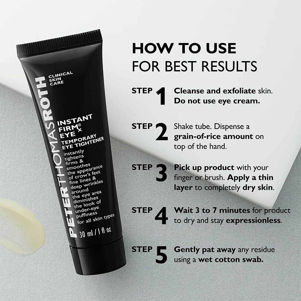 Étapes d'utilisation. Tube et texte. Peter Thomas Roth Instant FIRMx Eye. 5 étapes.