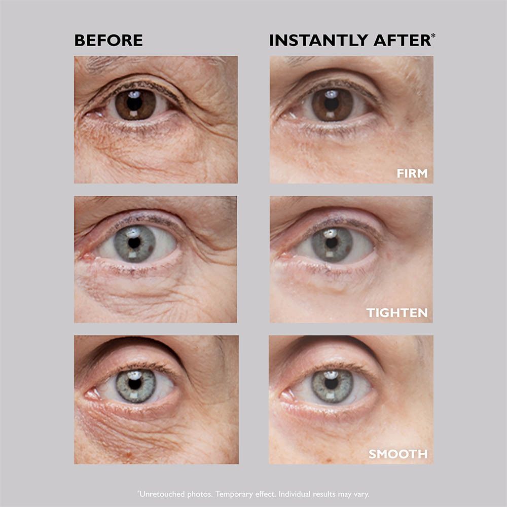 Yeux avec comparaison avant-après. Texte : Ferme, Tendre, Lisse. Sans produit.