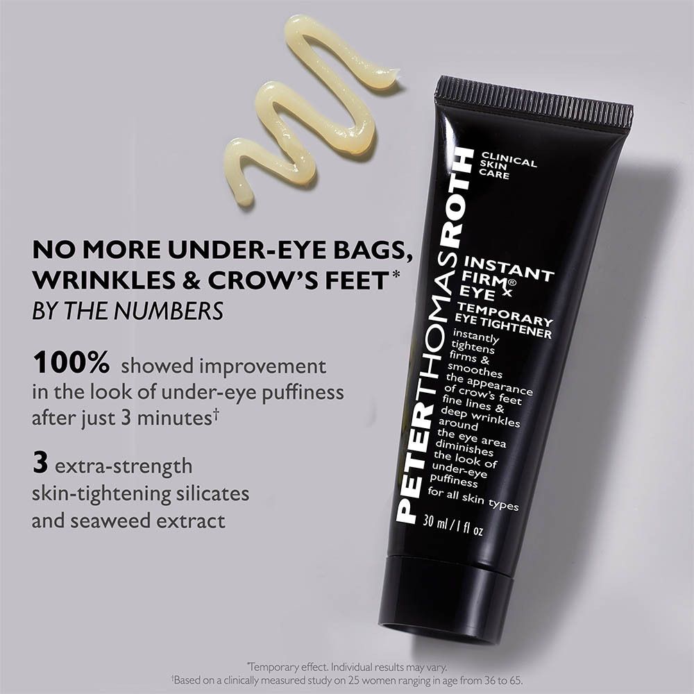 Produit et texte. Peter Thomas Roth Instant FIRMx Eye. 100% d'amélioration. 3 ingrédients.