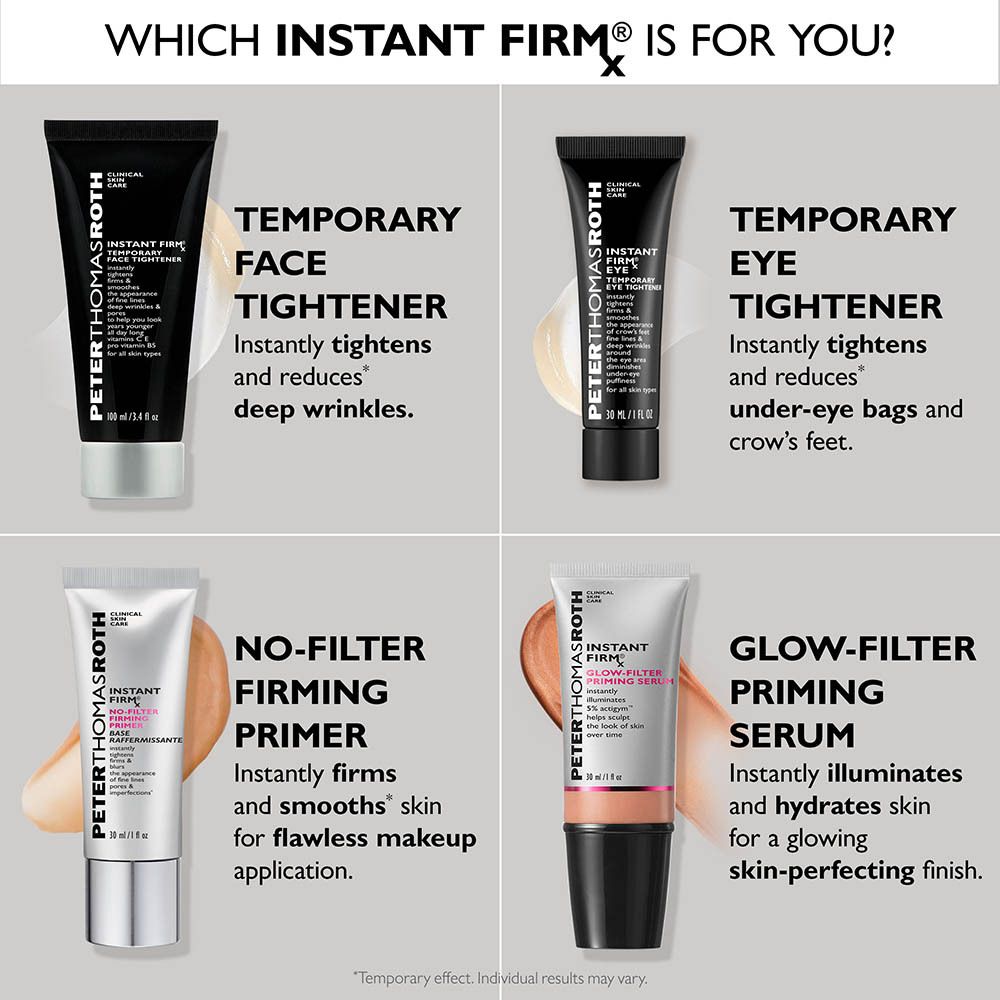 Quatre produits. Peter Thomas Roth. Instant FIRMx Eye, Face Tightener, Primer, Sérum.