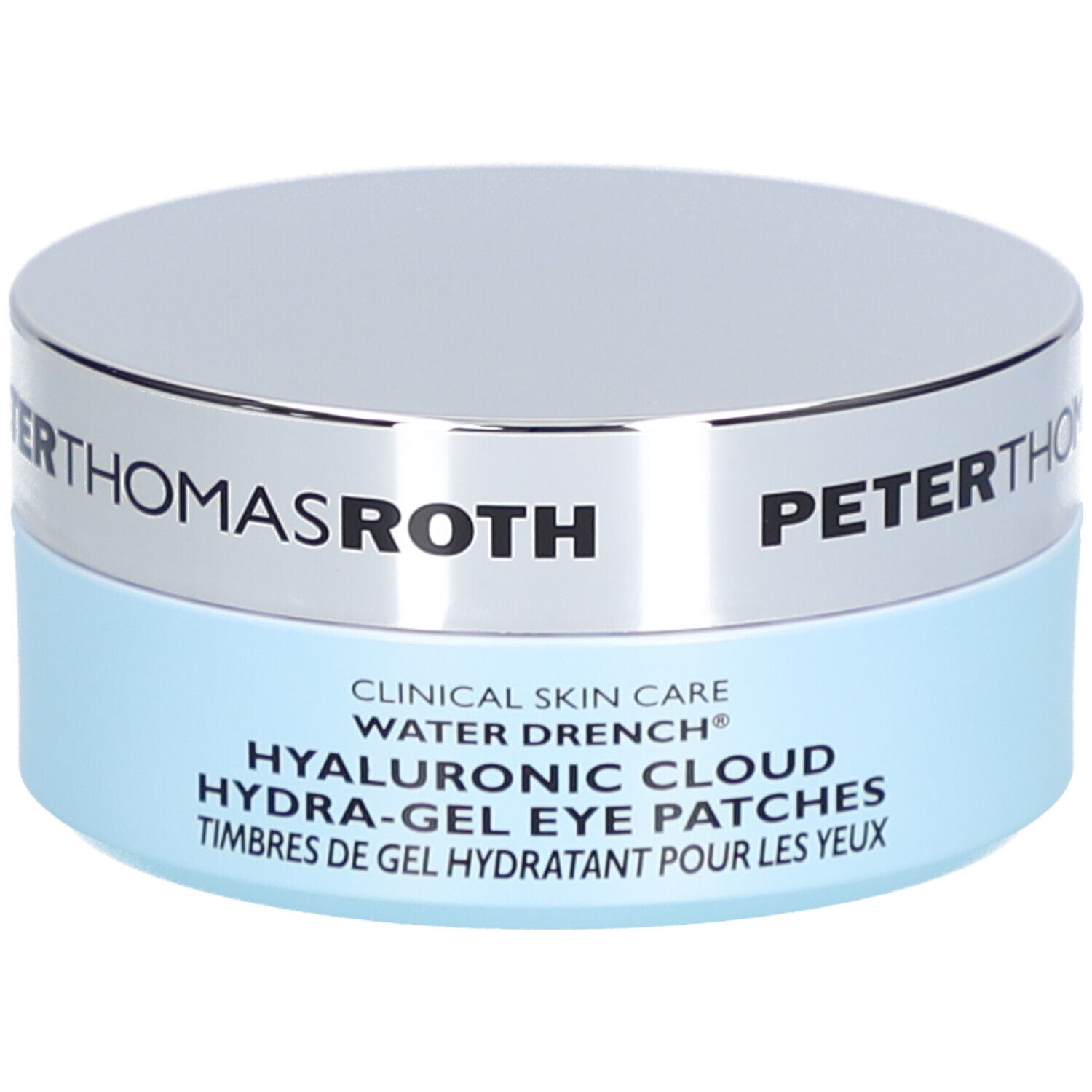 Pot rond avec couvercle argenté et base bleue. Inscription : PETER THOMAS ROTH, CLINICAL SKIN CARE, HYALURONIC CLOUD.
