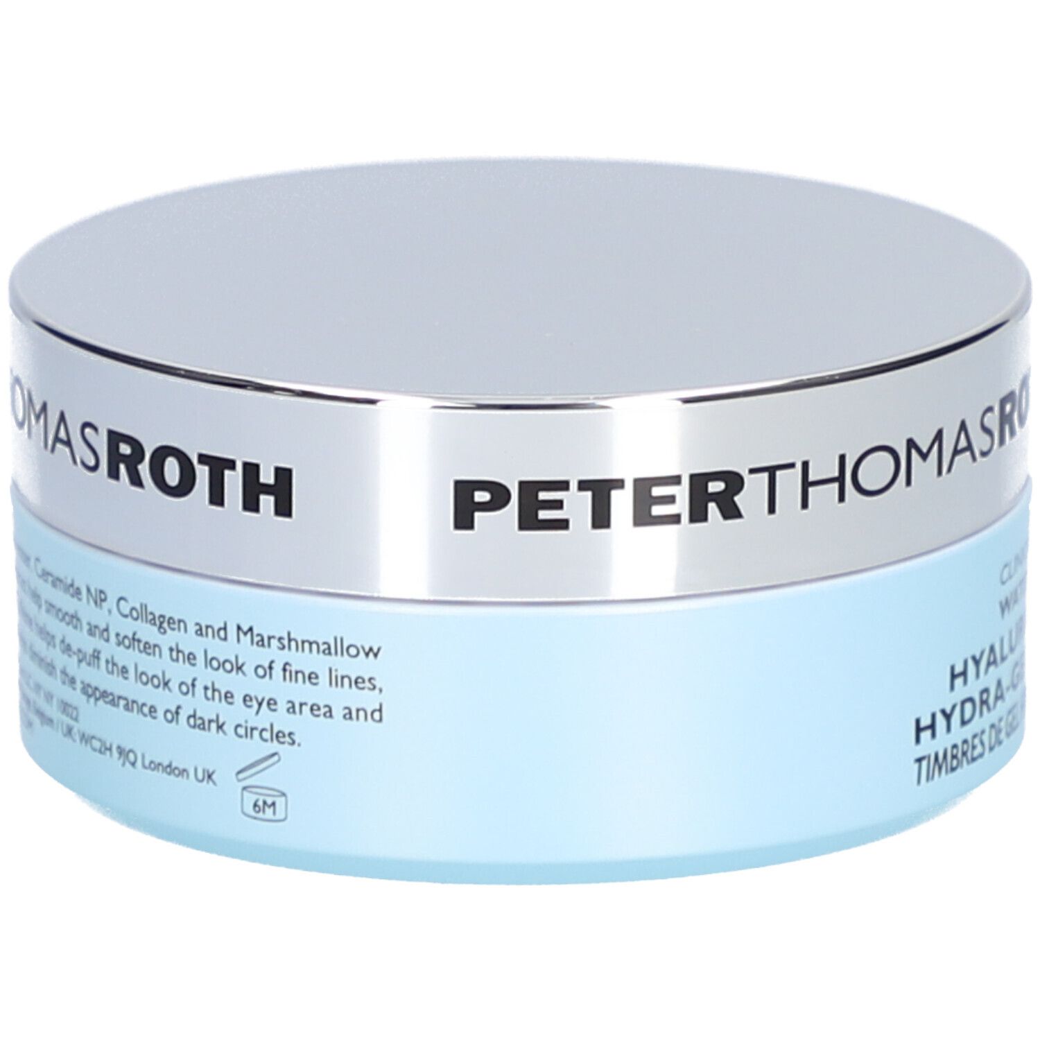 Pot rond avec couvercle argenté et base bleue. Inscription : PETER THOMAS ROTH. Texte sur les ingrédients et l'utilisation.