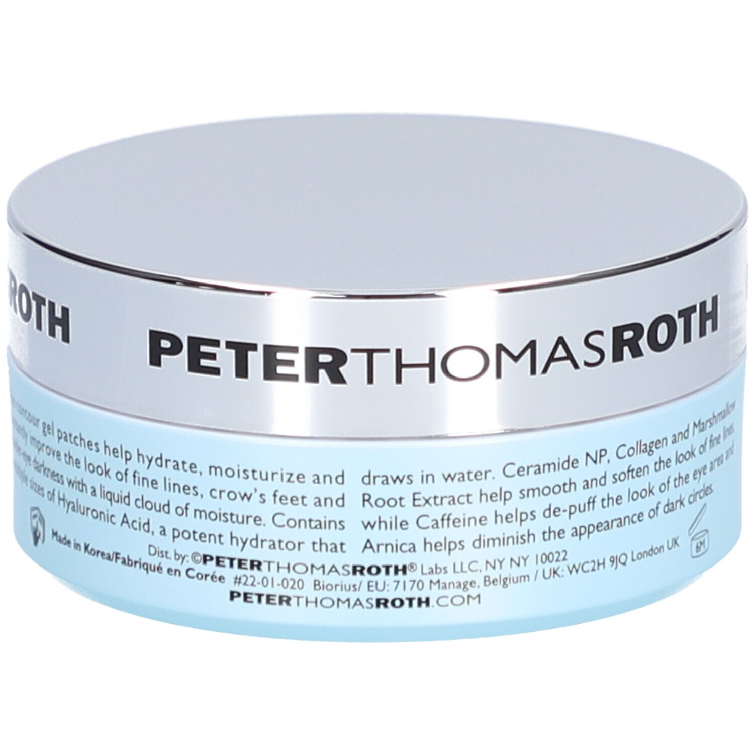 Pot rond avec couvercle argenté et base bleue. Inscription : PETER THOMAS ROTH. Texte sur les ingrédients et l'utilisation.