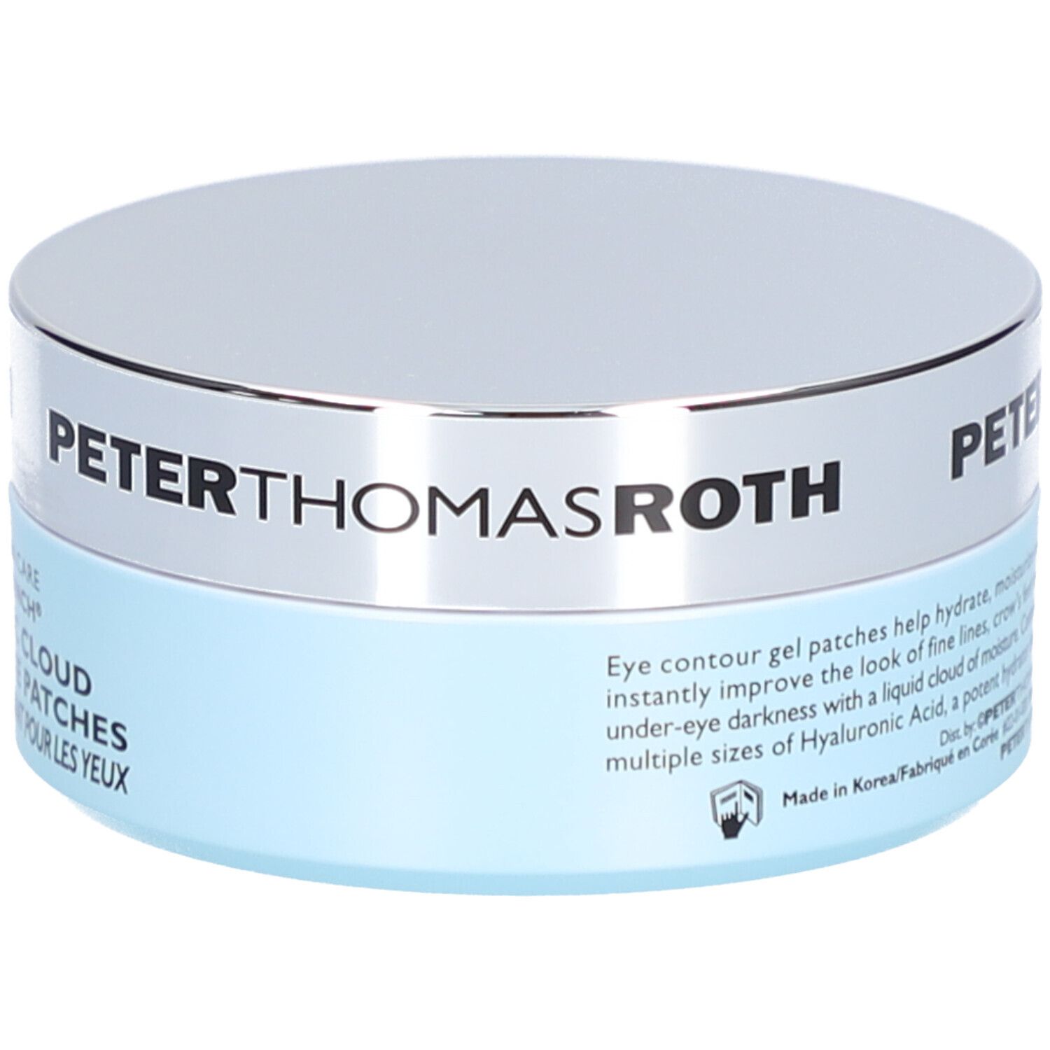 Pot rond avec couvercle argenté et base bleue. Inscription : PETER THOMAS ROTH. Texte sur les ingrédients et l'utilisation.