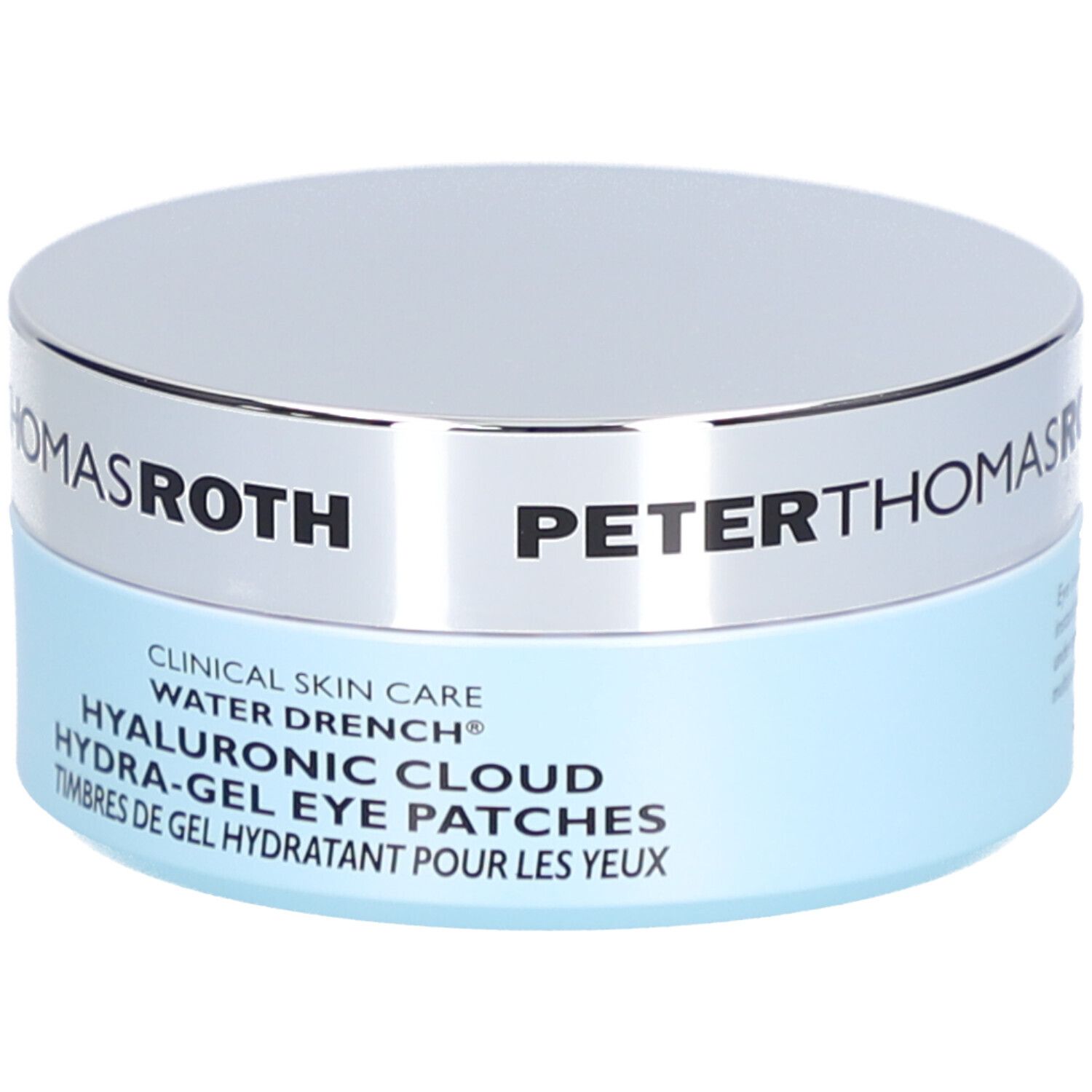 Pot rond avec couvercle argenté et base bleue. Inscription : PETER THOMAS ROTH, CLINICAL SKIN CARE, HYALURONIC CLOUD.