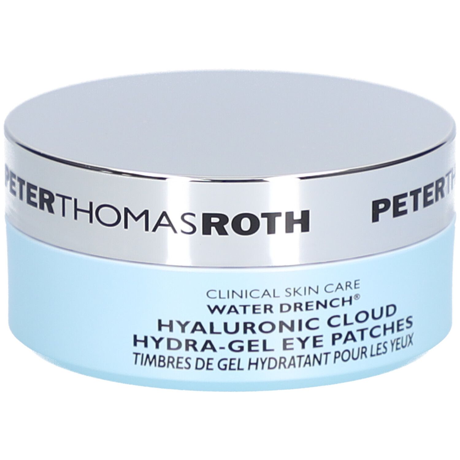 Pot rond avec couvercle argenté et base bleue. Inscription : PETER THOMAS ROTH, CLINICAL SKIN CARE, HYALURONIC CLOUD.